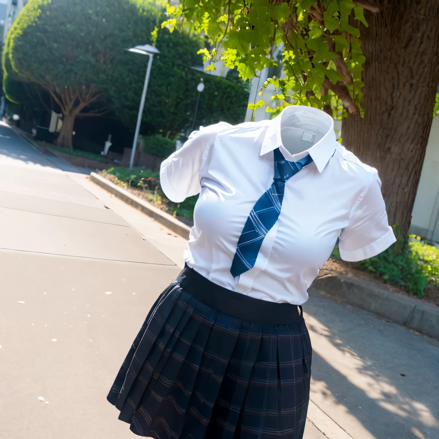 chubby, fat, white shirt, blue stripe tie, school tie, school uniform, plaid skirt, cute pose, (invisible, no humans, headless, faceless:1.5), cute big breasts, (8k, RAW photo, best quality, masterpiece, high resolution, extremely detailed CG:1.2), (realistic, photo-realistic:1.37), photon mapping, radiosity, ((Hasselblad photography)), physically-based rendering