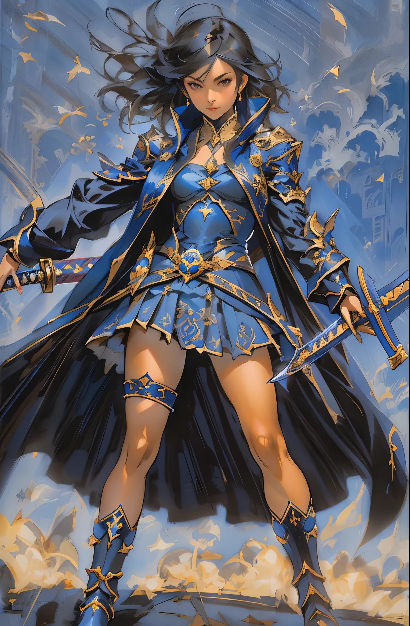1girl in a blue dress and black cape holding a sword, stanley artgerm lau, style ivan talavera and artgerm, artgerm julie bell beeple, heather theurer, chris moore. artgerm, artgerm lau, stanely artgerm, style of stanley artgerm, aly fell and artgerm, magical swords