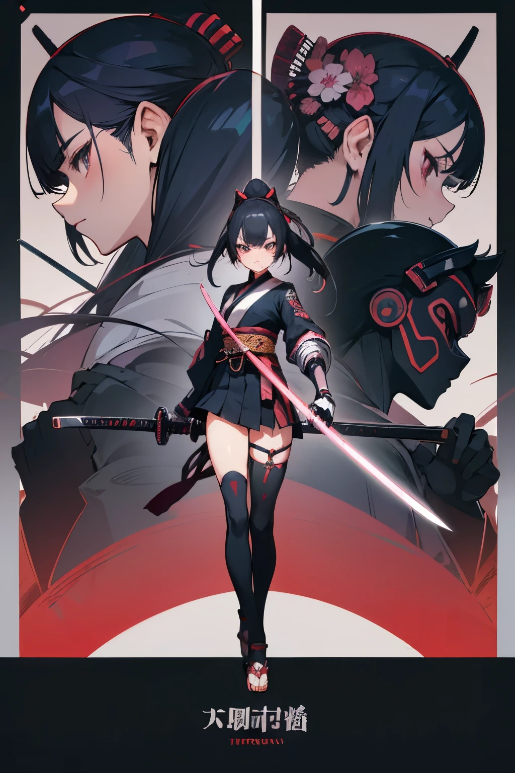 Samurai of Japan，a beauty girl，quadratic element，cyber punk perssonage，Tachi，character  design，full bodyesbian，Three View，Role setting，gaming character，Semi-mechanical body，Complex，Multi-layered，black lence stockings，katana swords，Semi-mechanical