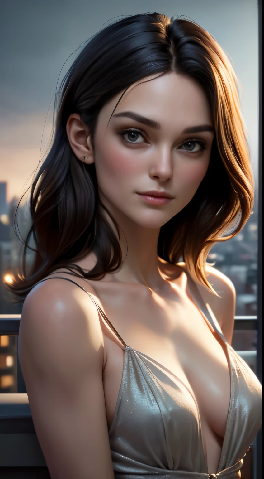 photo of Keira Knightley, RAW, beautiful woman, ((portrait)), ((detailed face:1.2)), ((detailed facial feature, detailed skin, clear skin), (perfect proportioned body, medium breasts), (wearing a yoke dress) (high detailed city environment, apartment balcony), (realistic photo, best quality, detailed), (8k wallpaper), (cinematic lighting, dramatic lighting) (sharp focus, intricate)