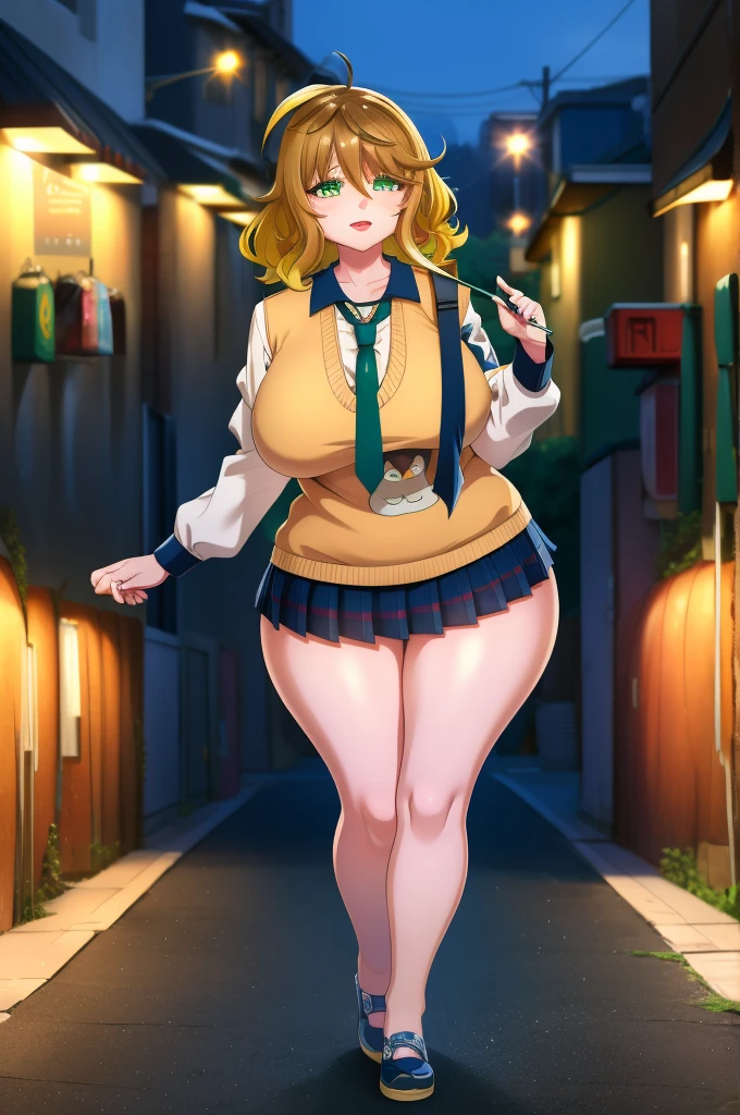 amicia michella - nijisanji, anime style, 1girl, detailed brown short hair, yellow inner hair, wavy thick hair, green eyes, thin lips, painted lips, shy smile face, wide hips, thick thighs, huge round ass, shiny oily breasts, white shirt, navy blue necktie, light blue pleated skirt, plaid pleated skirt, gyaru, full body, night, city, absurdres, high res, ultrasharp, 8K, masterpiece