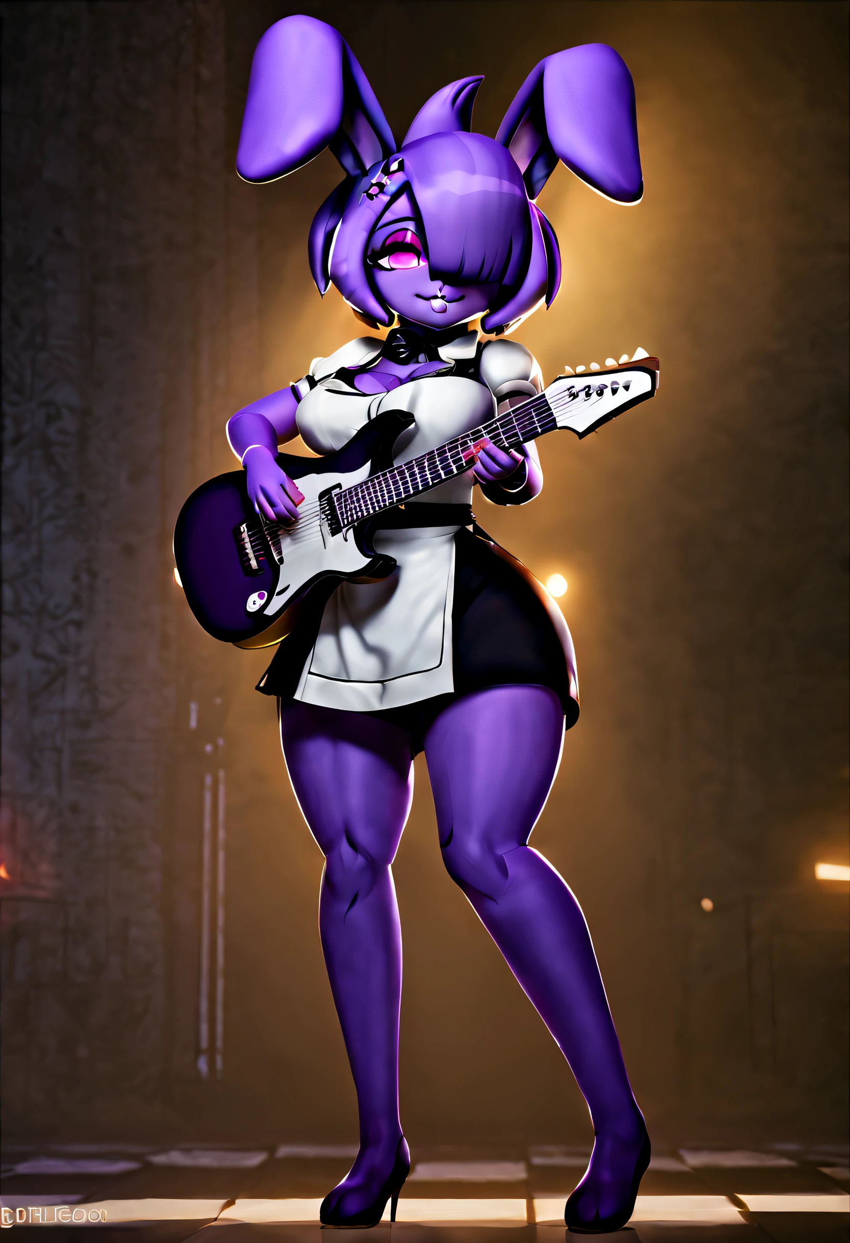 (best quality, masterpiece1.2), 1girl, solo, human, cally3d, (bonfie), purple body, purple hair, woman, maid, bunny ears, guitar, sexy, detailed, extreme detail, perfect lighting, 4k, pink eyes