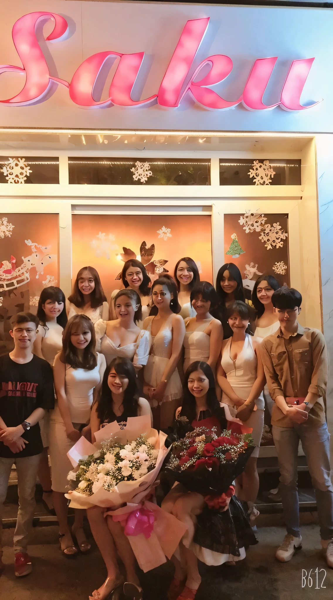 A group of young men and women in their 20s took pictures in front of the BAR store, Happy!!!, birthday, Christmas Eve,