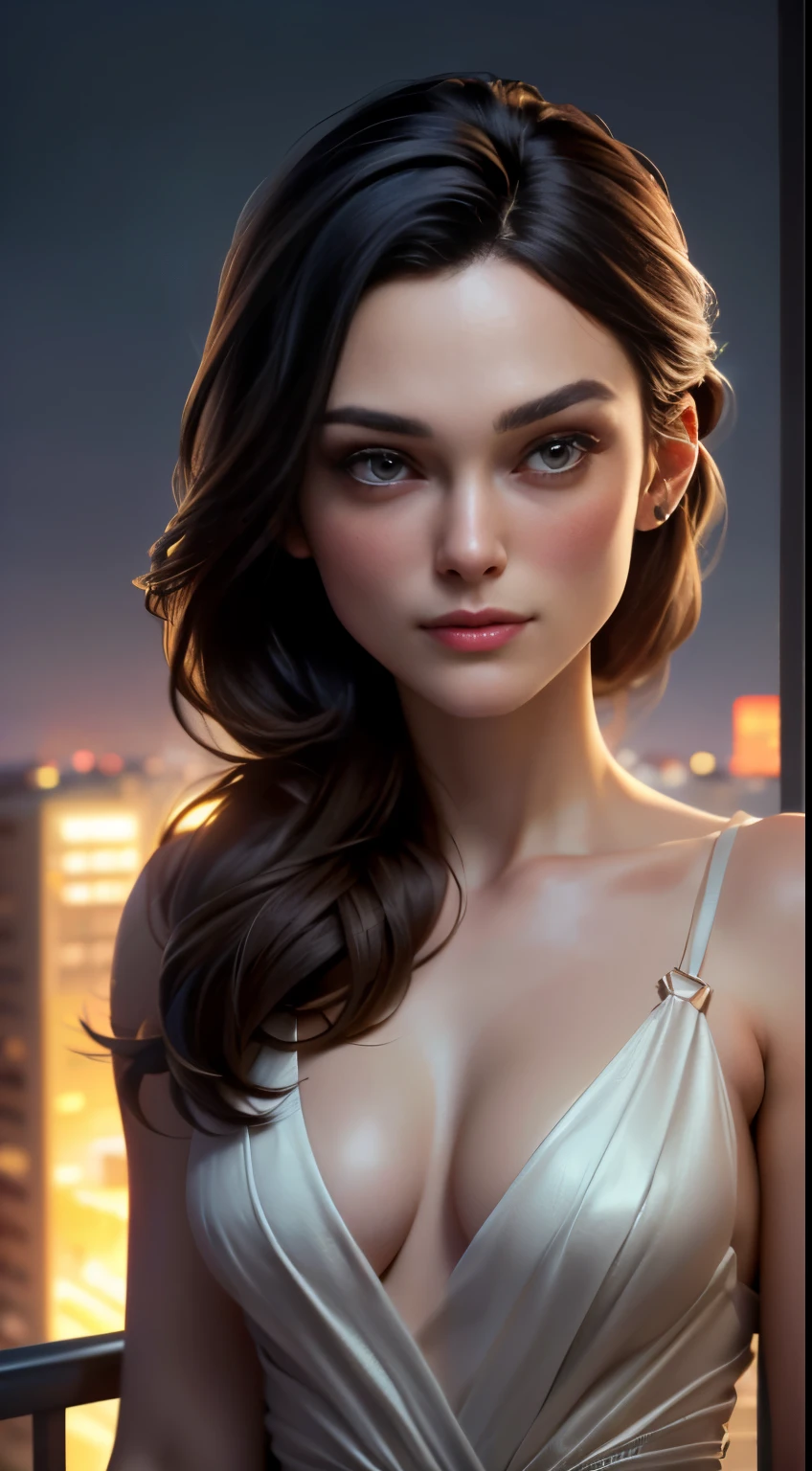 photo of Keira Knightley, RAW, beautiful woman, ((portrait)), ((detailed face:1.2)), ((detailed facial feature, detailed skin, clear skin), (perfect proportioned body, medium breasts), (wearing a trapezoid dress) (high detailed city environment, apartment balcony), (realistic photo, best quality, detailed), (8k wallpaper), (cinematic lighting, dramatic lighting) (sharp focus, intricate)