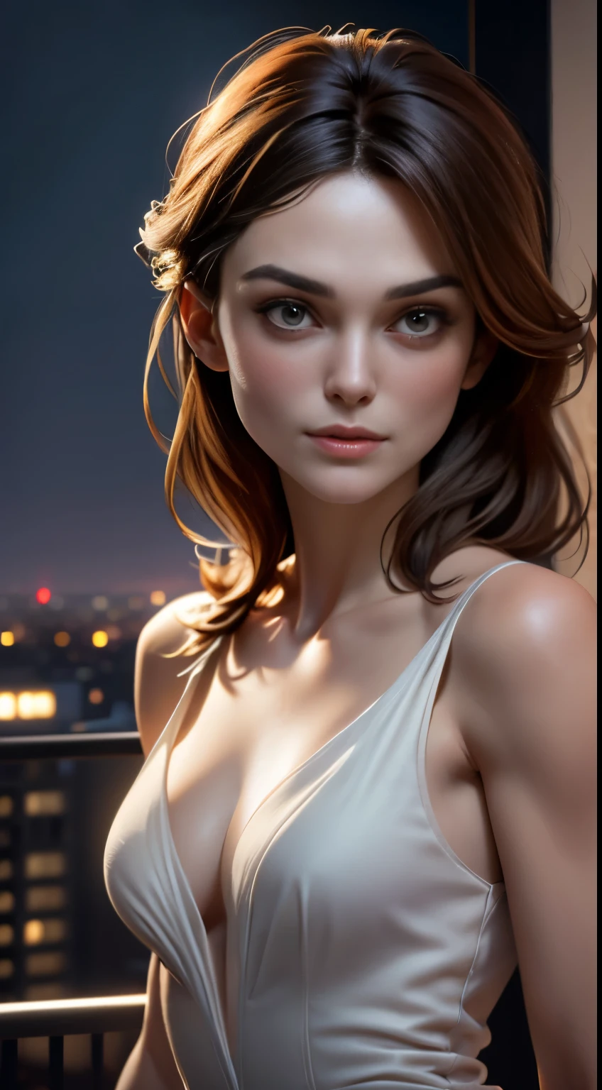 photo of Keira Knightley, RAW, beautiful woman, ((portrait)), ((detailed face:1.2)), ((detailed facial feature, detailed skin, clear skin), (perfect proportioned body, medium breasts), (wearing a pegged dress) (high detailed city environment, apartment balcony), (realistic photo, best quality, detailed), (8k wallpaper), (cinematic lighting, dramatic lighting) (sharp focus, intricate)