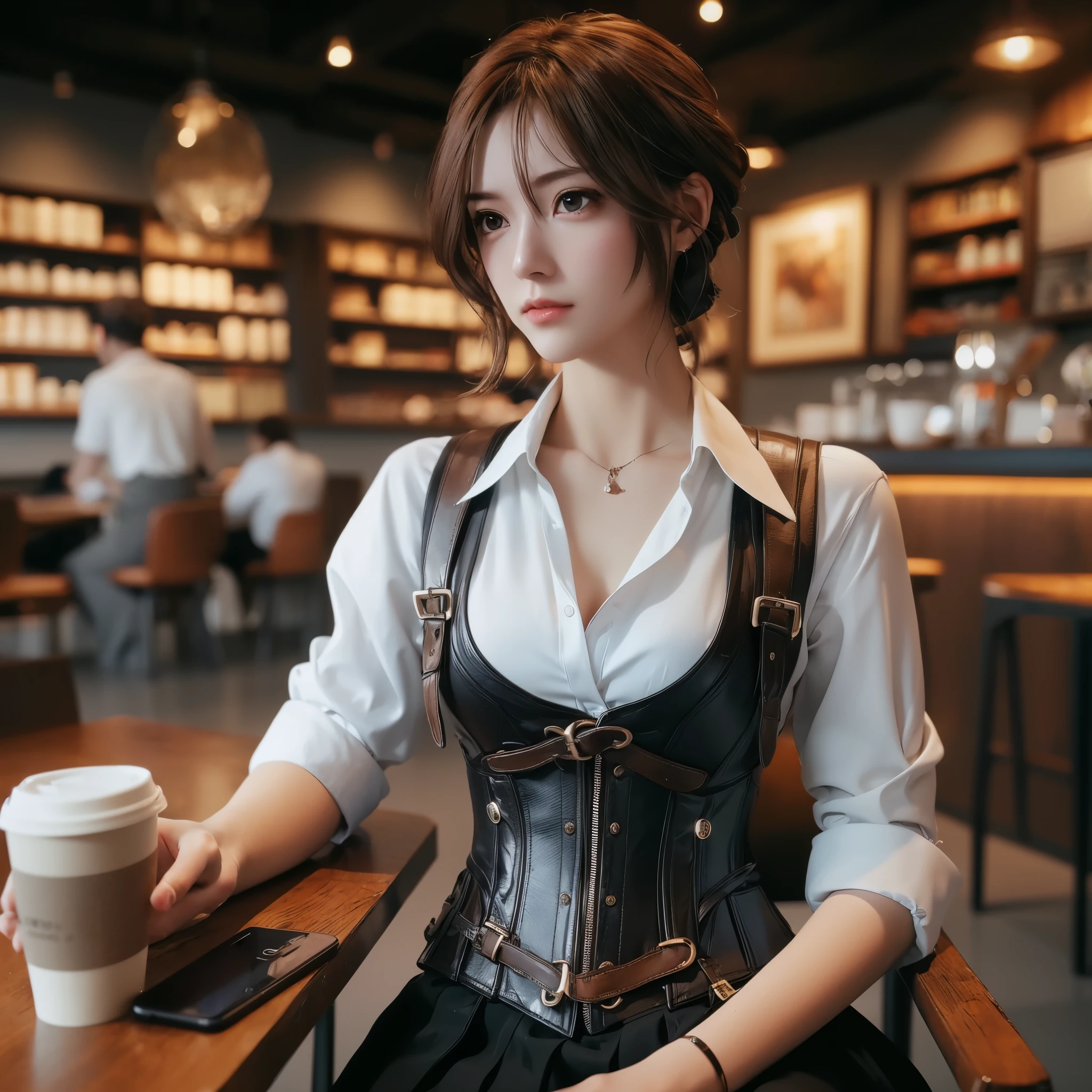 generate a lady, brown short ponytail hair, white skin, chinesse, wearing leather corset, shirt, vest and skirt, inside cafe, sit and drink coffee, handphone on the table, masterpiece, 8k, raw images, sharp eyes, lens glare, raytracing, best picture in the world, beautifull lighting, warm light