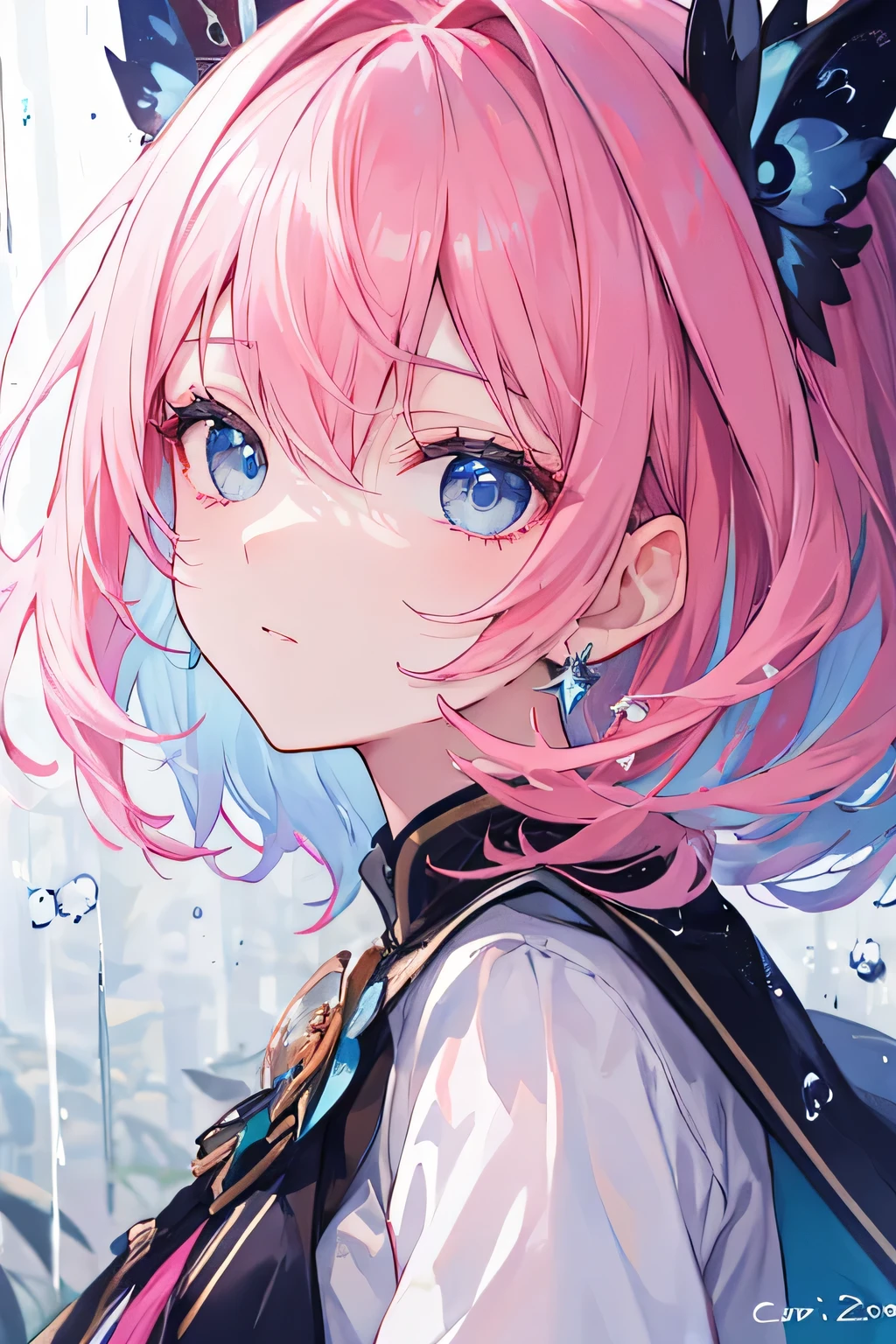 ((Best quality)), ((tmasterpiece)), (Detailed pubic hair), is a perfect face，one with pink hair，Lateral face，blue color eyes，upper part of body，facial expressionslesokeh background，Raindrops fall on the face