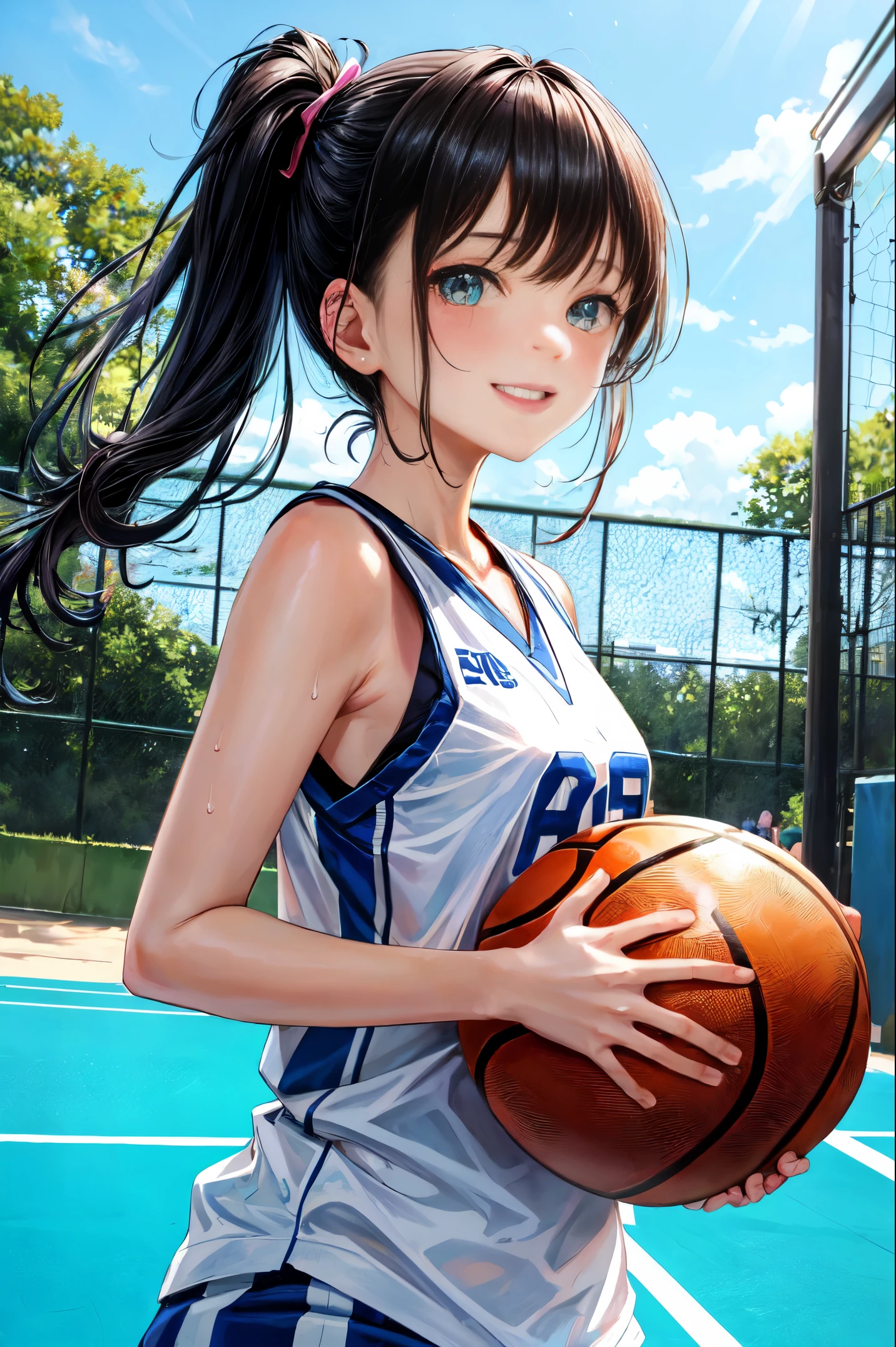 ((masterpiece)),dynamic angle,upper body,(girl playing street basketball),(Gymnastics),gleaming skin,sweat
BREAK
( A dark-haired),long hair,aqua eyes,15 years old,smile,basketball court with sea view