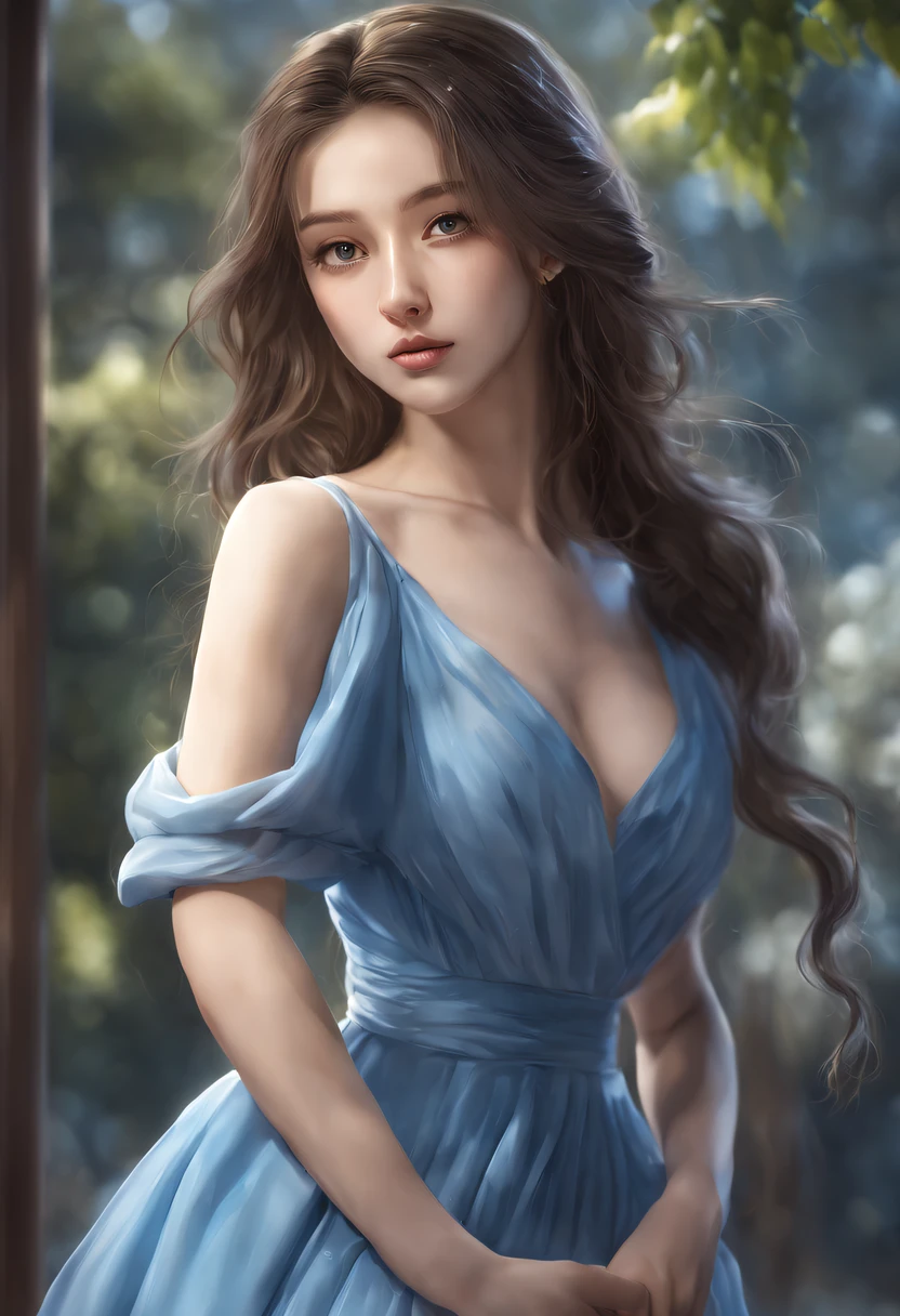 A beautiful  woman with long hair and blue dress full body posing for a picture, realistic  art style, photorealistic anime girl render, smooth  cg art, sexy realism style, realistic art style, realistic young anime girl, gorgeous digital painting, realistic anime 3 d style, beautiful portrait, realistic anime art style, 3 d  realistic, portrait, perfect light, Hight quality