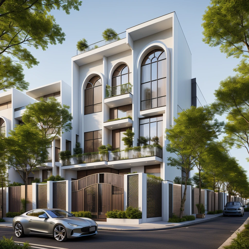 rendering of a modern residential townhouse, professional render, wide angle exterior 2023, highly detailed render, high quality rendering, realistic render, architectural render, high-quality render, detailed rendering, hyper-realistic render, hyper - realistic render, very realistic 3 d render, high render, realistic rendering, very realistic render