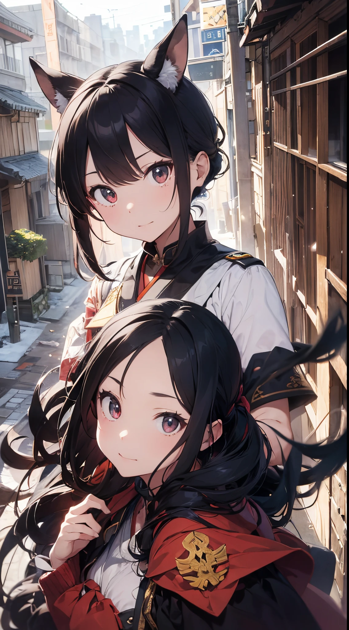 Anime girl with long black hair and a cat ears standing next to another ...