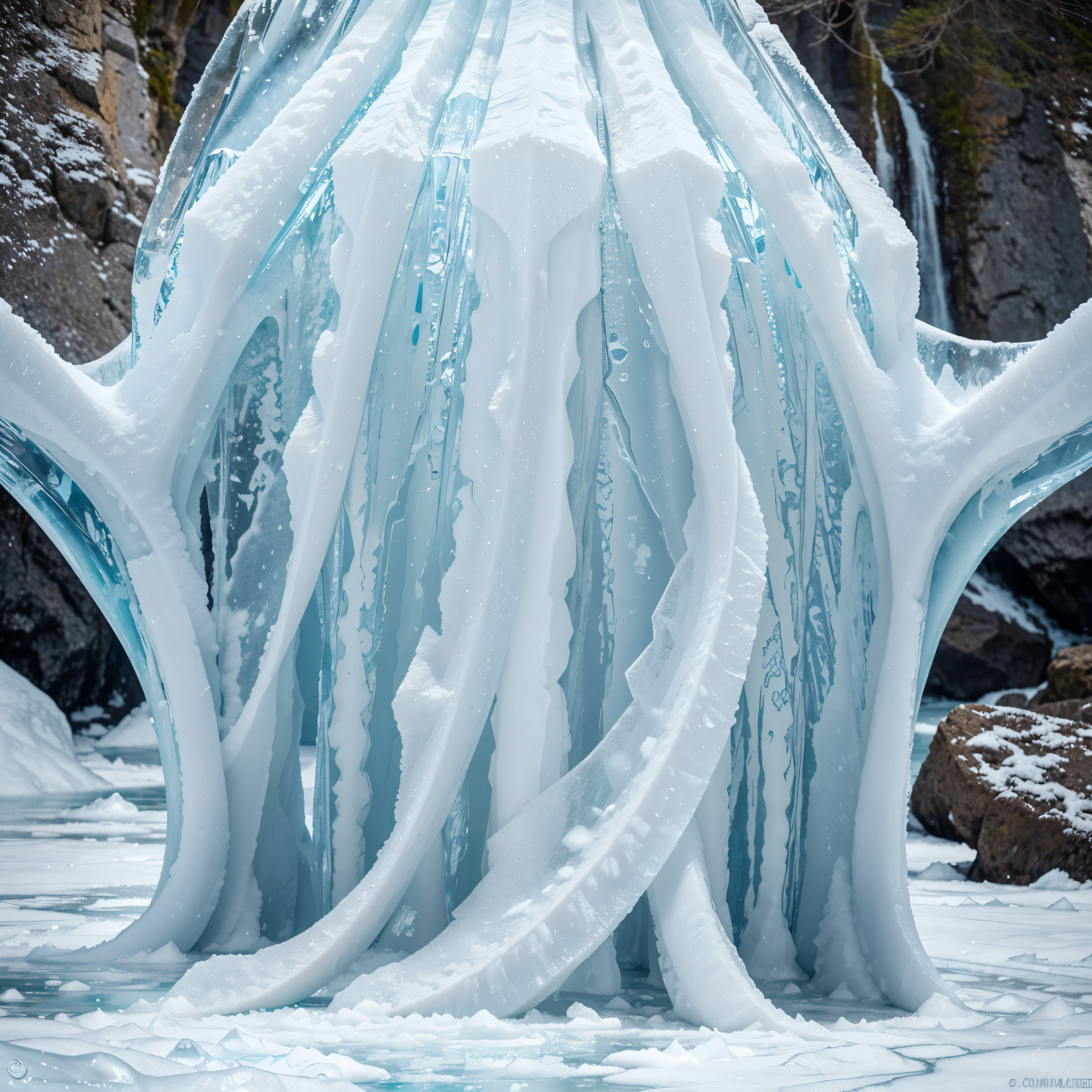 Ice Waterfall: These frozen waterfalls, It has become an exquisite sculpture with a touch of nature., Providing mesmerizing images. Imagine a stunning photograph capturing an icy phenomenon that is a symphony of glistening white., translucent blues, and a sharp accent. The frozen waterfall stands tall., Their delicate shapes appear both fragile and graceful., A testament to the art of nature.. Every detail has been meticulously preserved., Revealing the intricate patterns and textures of the ice with extreme clarity and brilliance.. This high quality image flawlessly showcases the pristine beauty of these frozen wonders., Leaves the audience mesmerized by the grandeur of this natural phenomenon..