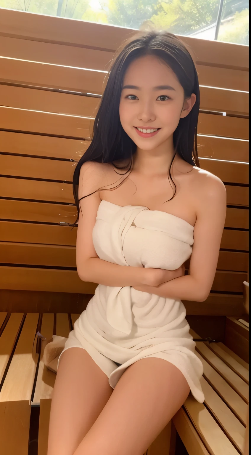 One girl with white towel in sauna with window,Strapless,24 year old、slender little smile,thighs thighs thighs thighs,A slender、Beautiful breasts、valley、Knees,Longhaire,Wet hair and wet body,Whole body、Angle from directly below