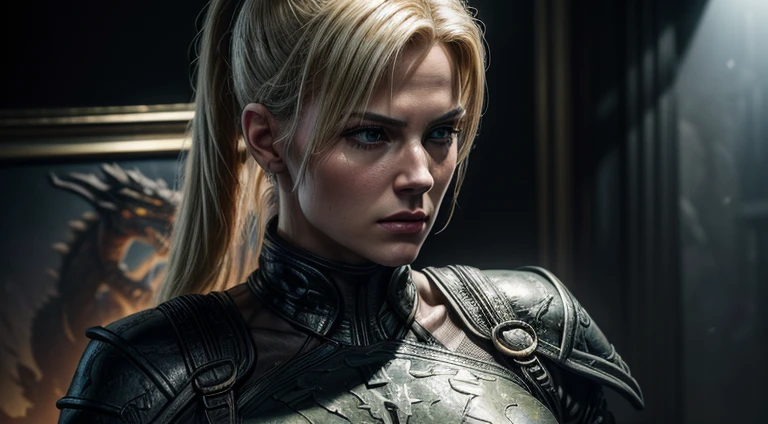 (best quality, 4k, 8k, high resolution, masterpiece:1.2), ultra-detailed, (realistic, photorealistic, photo-realistic:1.37), oil painting, Sonya Blade, a character from the Mortal Kombat game, dressed in military attire, exquisite chest, blonde hair, lightning, with the Mortal Kombat dragon in the background.