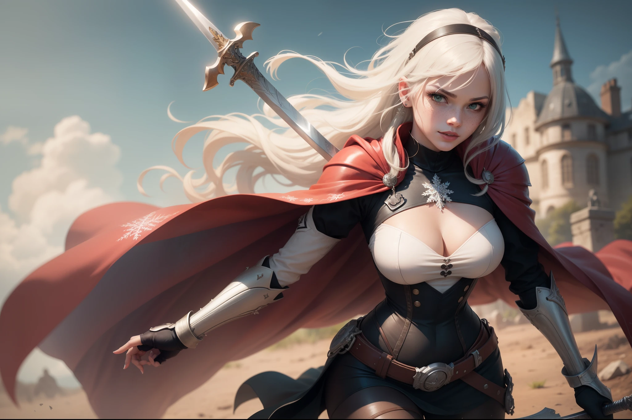 gwen tennyson,1girl,yorha 2b,riven,tracer, overwatch,atelier ryza,close up,battlefield view,tattoos,black and white plugsuit,white short sleeve knight top,black knight full steel armor,steel leggings,white knight corset,long hair,princess makeup,green eyes,multicolored silver hair,long dress train,fierce smile,freckles,beautiful girl,knight thigh high boots,large breasts,8k,ultra detailed,realistic,fantasy art,silver knight uniform,queen gown dress,hair pin,ear piercings,snowflake hand and neck jewelry,(weather:windy),long scarlet knight cape,holding a sword on each hand,(pose: sword raised ready to attack stance),