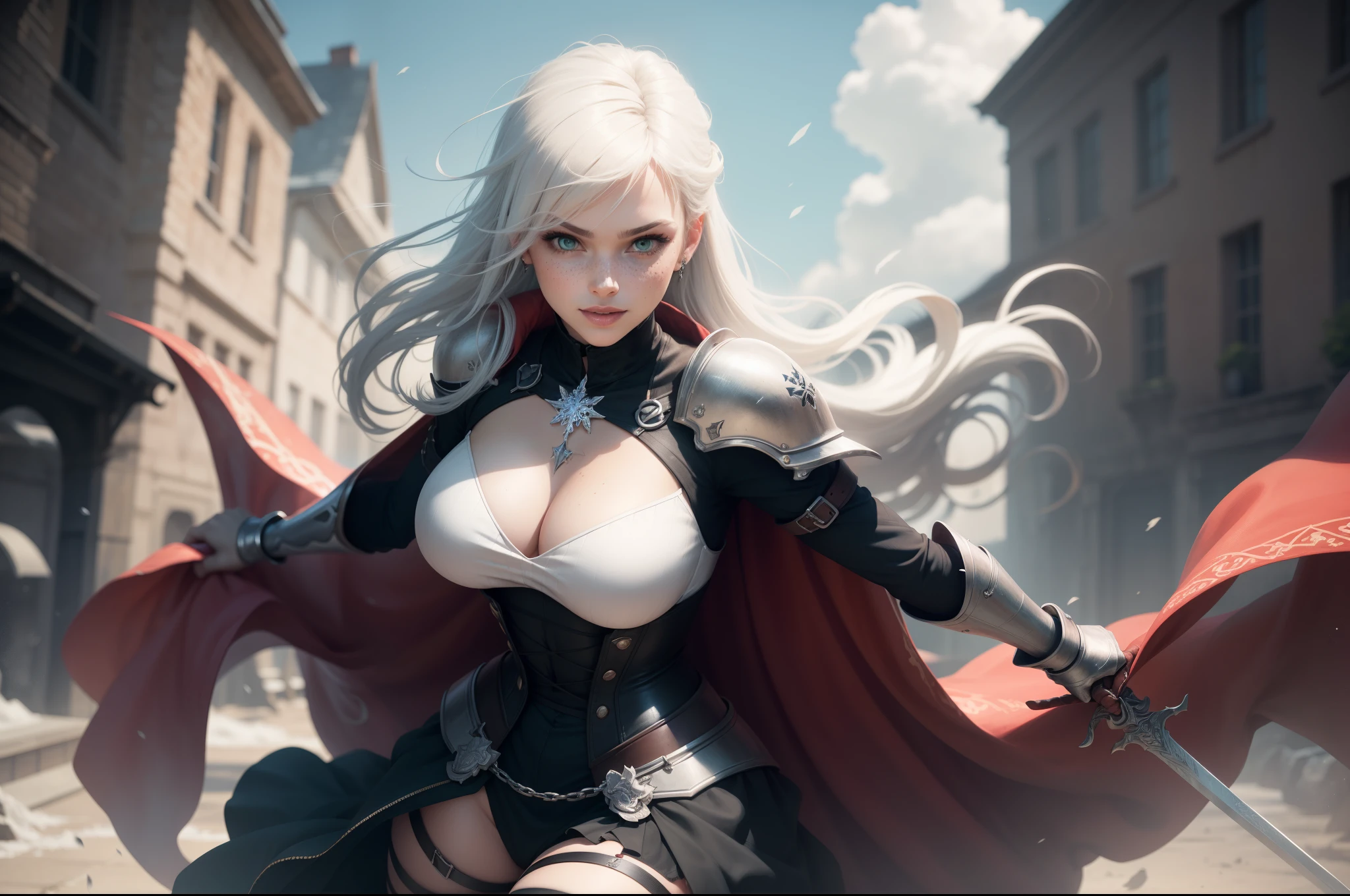 gwen tennyson,1girl,yorha 2b,riven,tracer, overwatch,atelier ryza,close up,battlefield view,tattoos,black and white plugsuit,white short sleeve knight top,black knight full steel armor,steel leggings,white knight corset,long hair,princess makeup,green eyes,multicolored silver hair,long dress train,fierce smile,freckles,beautiful girl,knight thigh high boots,large breasts,8k,ultra detailed,realistic,fantasy art,silver knight uniform,queen gown dress,hair pin,ear piercings,snowflake hand and neck jewelry,(weather:windy),long scarlet knight cape,holding a sword on each hand,(pose: sword raised ready to attack stance),