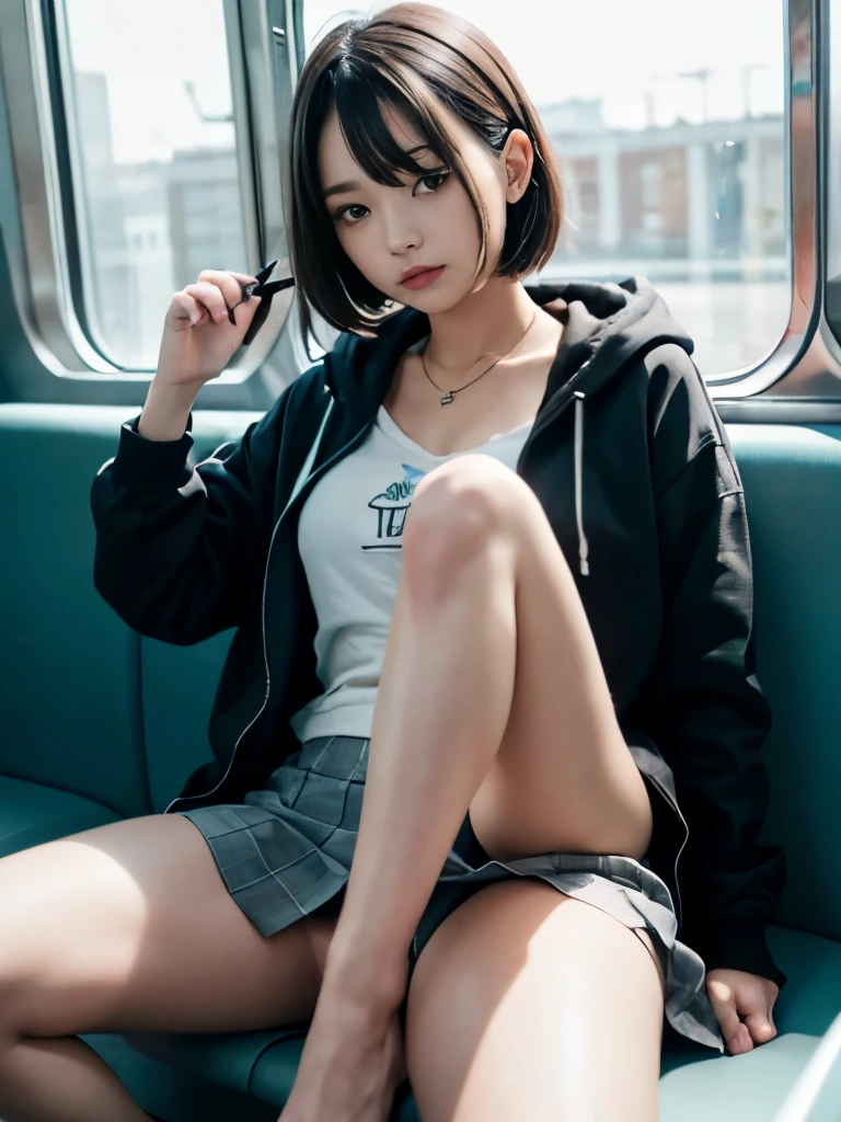 (masterpiece、ultra-detailliert、8K、top-quality:1.5)、((Awesome))、1 female、独奏、Shorthair with banglack pantyhose)))、校服、Wearing a black hoodie、((Grey checked very mini skirt))、On the train、blue-sky、sitting on、Legs wide open,no underwear