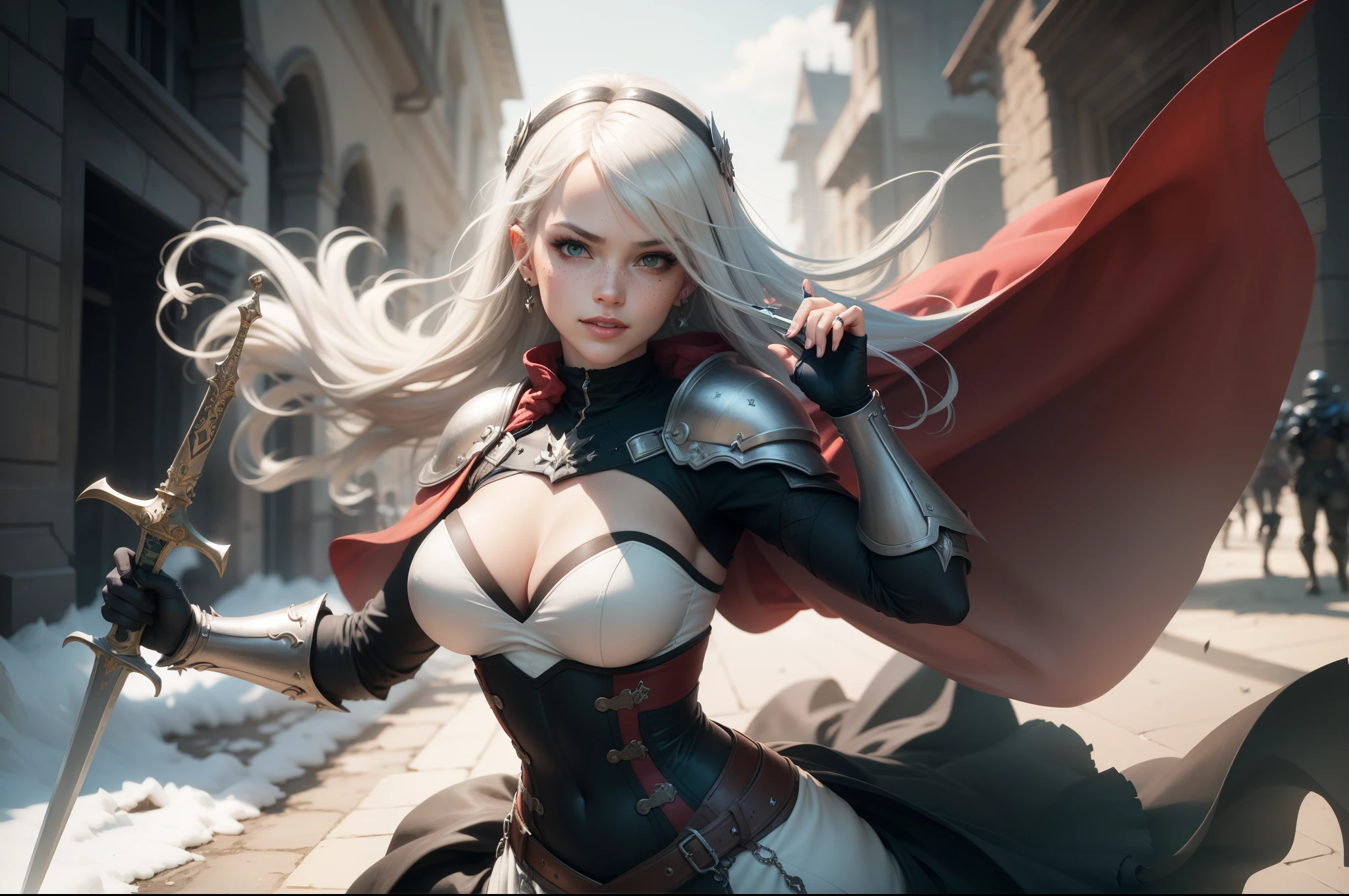 gwen tennyson,1girl,yorha 2b,riven,tracer, overwatch,atelier ryza,close up,battlefield view,tattoos,black and white plugsuit,white short sleeve knight top,black knight full steel armor,steel leggings,white knight corset,long hair,princess makeup,green eyes,multicolored silver hair,long dress train,fierce smile,freckles,beautiful girl,knight thigh high boots,large breasts,8k,ultra detailed,realistic,fantasy art,silver knight uniform,queen gown dress,hair pin,ear piercings,snowflake hand and neck jewelry,(weather:windy),long scarlet knight cape,holding a sword on each hand,(pose: sword raised ready to attack stance),