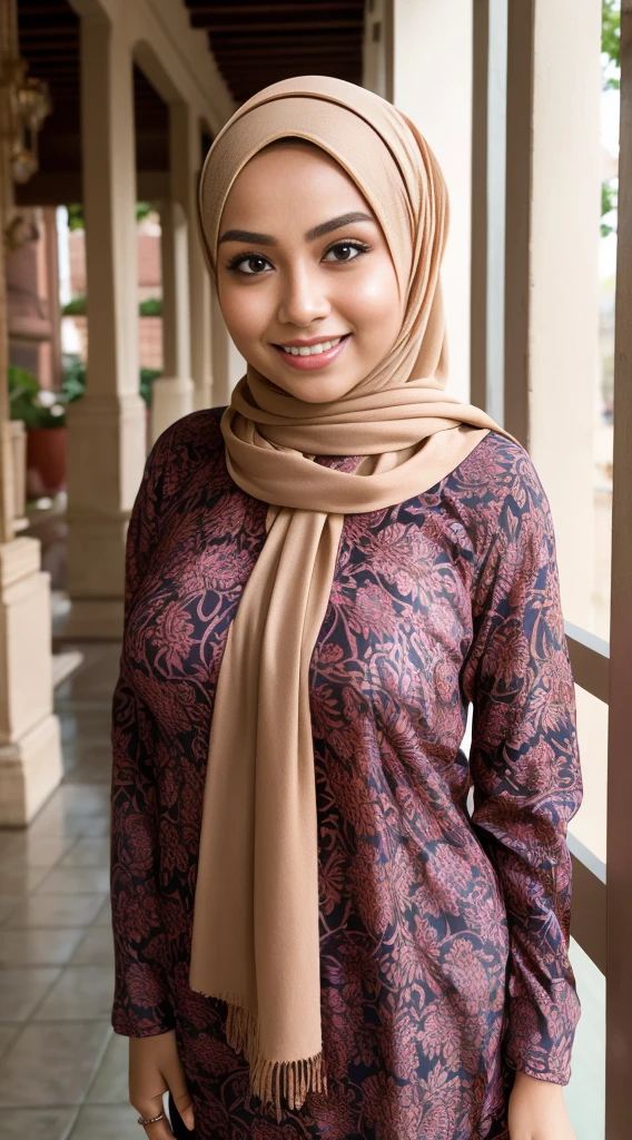 RAW, Best quality, high resolution, masterpiece: 1.3), beautiful Malay woman in hijab,Masterpiece, perfect fit body, ((Huge breast)), biggorgeous eyes, Soft smile,muslim woman in a plain long sleeve shirt and hijab posing for a picture, hijab, with lovely look, with beautiful colors, with accurate face, pose 4 of 1 6, traditional beauty, batik, wearing beautiful clothes, beutifull, with beautiful exotic, attractive pose, cute pose, scarf, wearing plain chiton, very attractive , she is smiling,Delicate turtleneck, necklace, shairband, afternoon walk, City garden, Excellent lighting, Bright colors, Clean lines