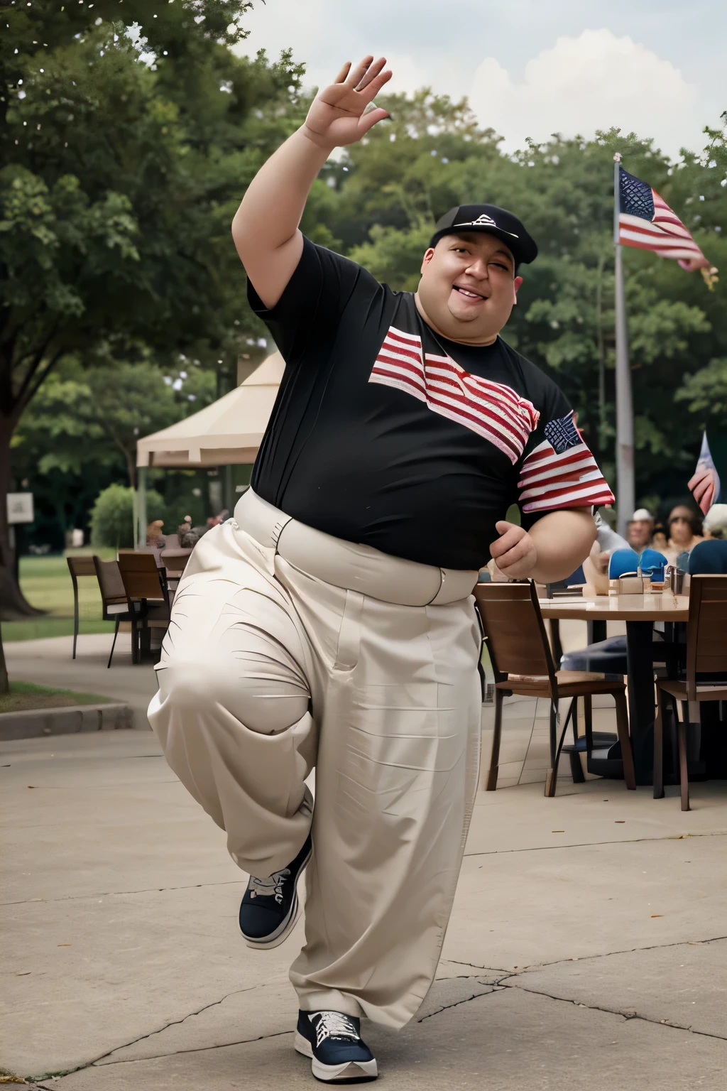 A very silly fat, rotund man with baggy pants dancing a jig on a park table waiving an american flag