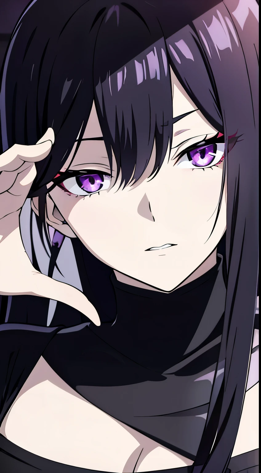 a bleach shinigami, a young woman, with long black hair, pale skin, striking amethyst eyes, fullhd