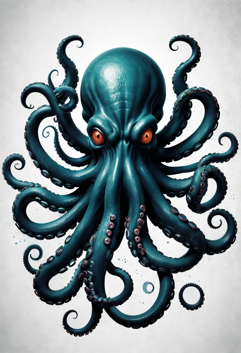 Lovecraftian Octopus  logo design,t shirt design,beefy style,design only,white background,no model,professional,high contrast,high-res,ultra-detailed,vivid colors,metallic accents,sharp focus,edgy,dynamic composition,gritty texture,rough brush strokes,mechanical elements,chrome effect,classic typography,retro style,distressed look,aggressive lines and curves,3D rendering,striking visual impact,dark shadows,strong branding presence,monochromatic palette,industrial aesthetic
