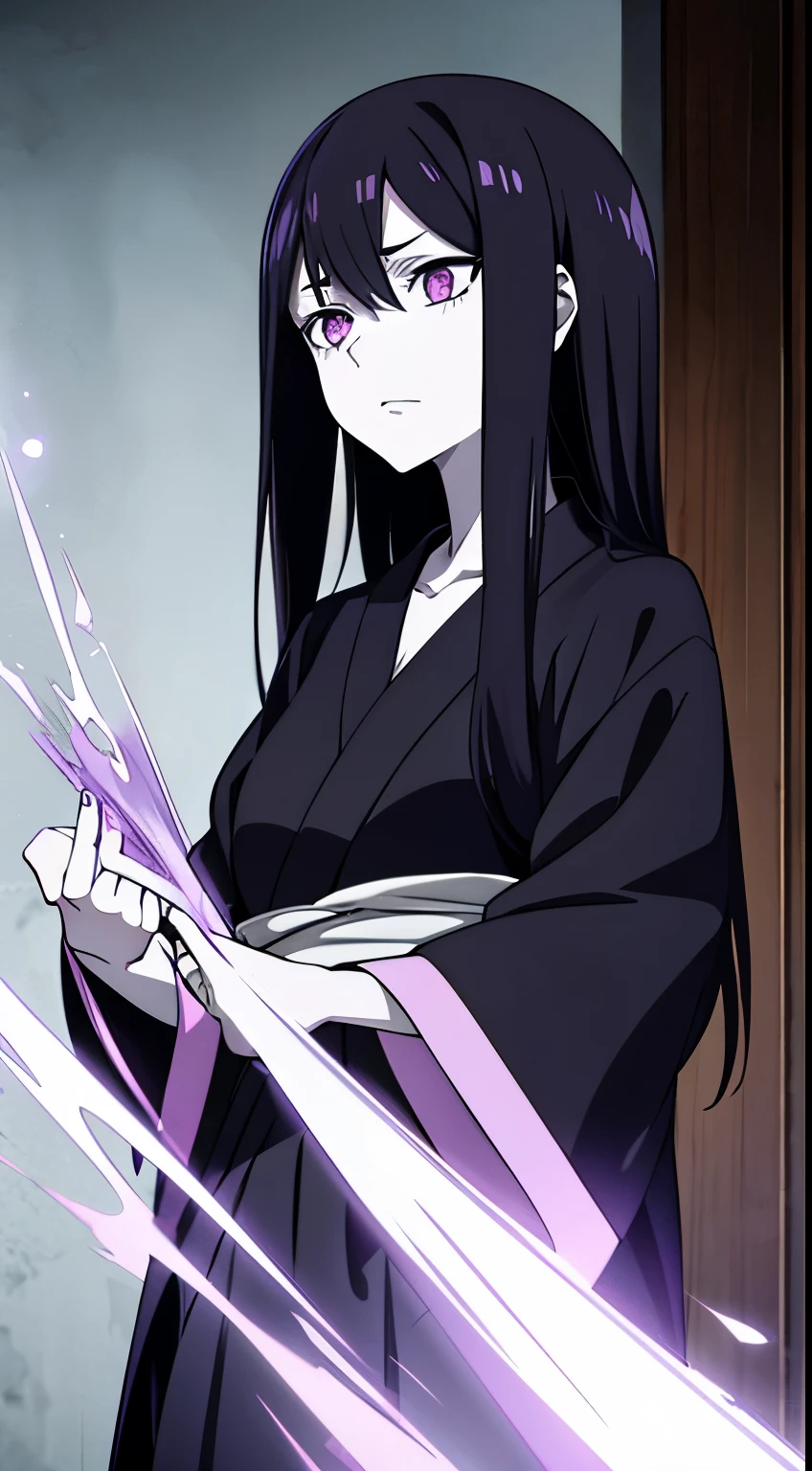a bleach shinigami, a young woman, with long black hair, pale skin, striking amethyst eyes, fullhd
