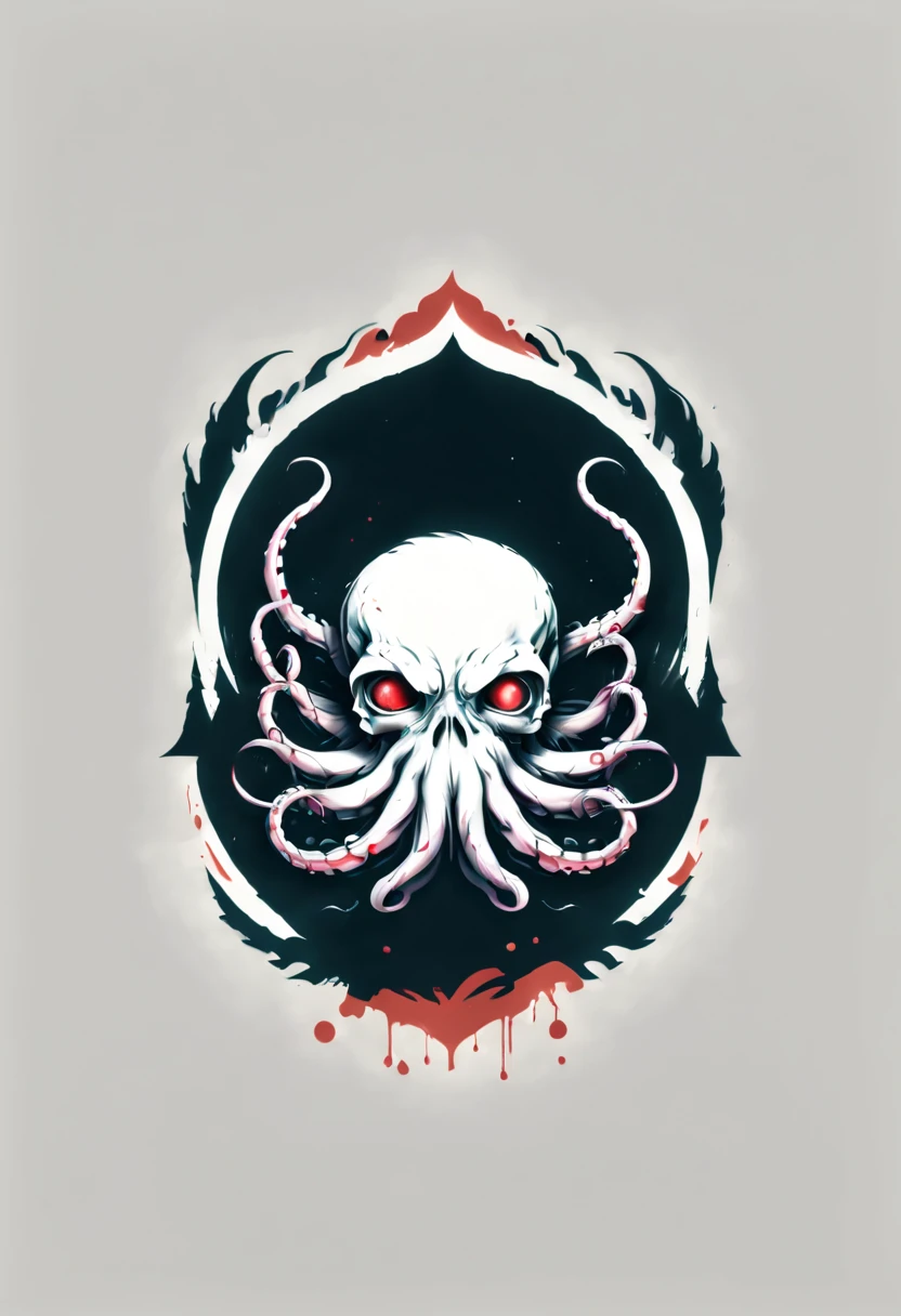 Lovecraftian Octopus logo design,t shirt design,beefy style,design only,white background,no model,professional,high contrast,high-res,ultra-detailed,vivid colors,metallic accents,sharp focus,edgy,dynamic composition,gritty texture,rough brush strokes,mechanical elements,chrome effect,classic typography,retro style,distressed look,aggressive lines and curves,3D rendering,striking visual impact,dark shadows,strong branding presence,monochromatic palette,industrial aesthetic
