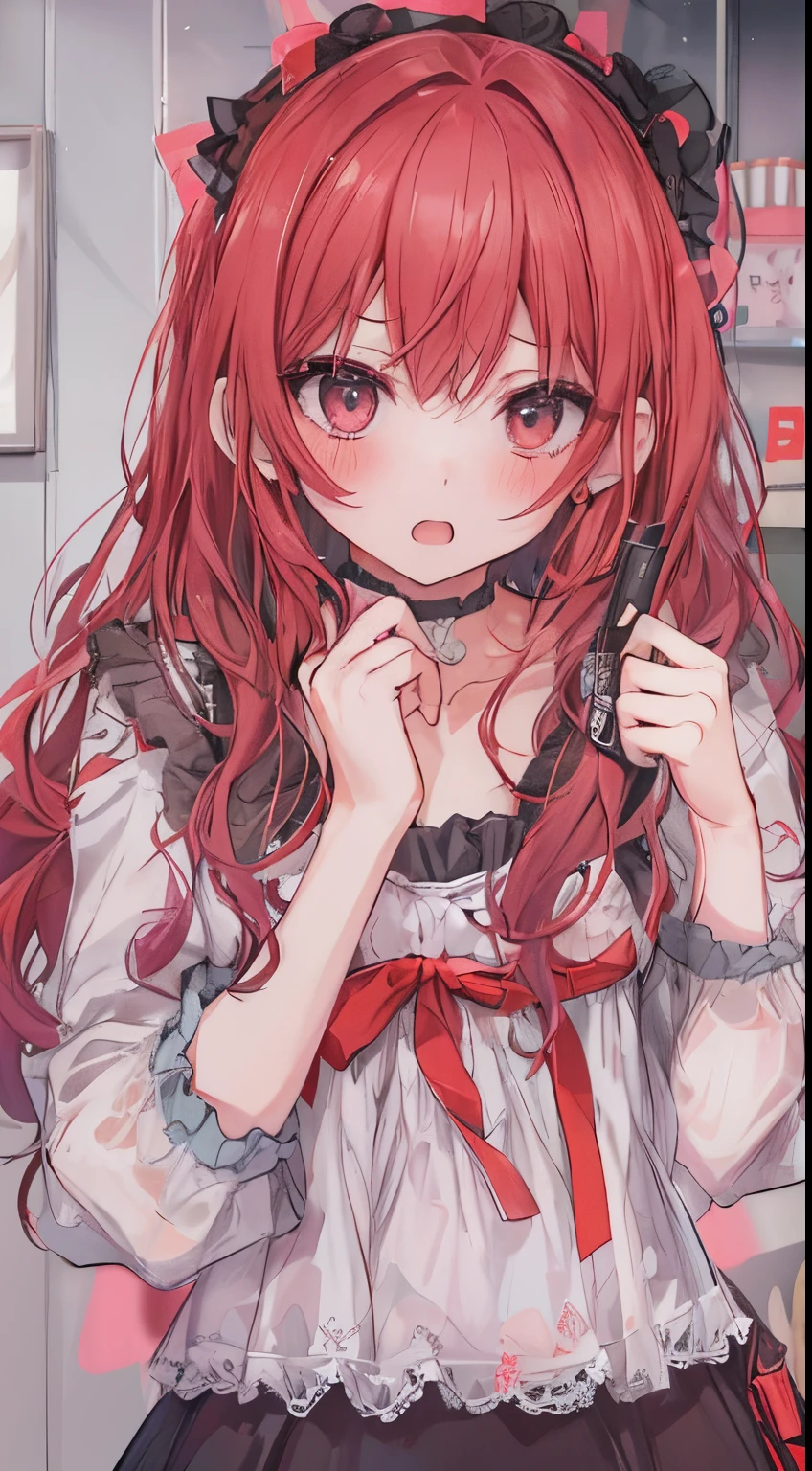 small tits、girl with２a person,(blush:1.1),Choker,Very angry、Angry Pose、top-quality、masutepiece、Cheek makeup、Yandere image of uncool red Lolita fashion、Colorful long hair、《Messy room》、bustup、The style is very good、