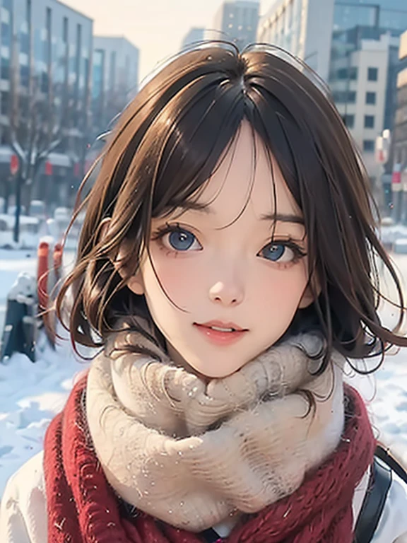 (masutepiece: 1.3), (max resolution: 1.2), (Ultra HDTV: 1.2), cinematric light, 8K resolution, Detailed eyes and skin, detailed facial features, Perfect limbs、Perfect fingers、Anatomically accurate body, Fingers in natural shape, Realistic texture, (Sharp Focus: 1.2), (Focus on Face:1.2), Perfect Style, (Beautiful face, kawaii eyes, Clear eyes、realisticeyes), acurate, Anatomically correct, ノ Highly detailed facial and skin texture, Detailed eyes, Double eyelids, Thin eyebrows, Glitter Eyeliner: 1 Natural cheeks, Glossy skin, Fair skin: 1.2, (Glossy lips: 1.4), (Shy look: 1.2),Highly detailed facial and skin texture, Detailed eyes, Double eyelids, Natural cheeks, ,shiny lips: 1.4, (#Slim waist), cleavage of the breast, Full body like, (red blush, embarrassed from:1.1), (shiny lips: 1.1), (Firm chest, large udder:1.1), red blush、embarrassed from, Public display of sexual activity, Dressing, Neat and clean woman, 20yr old, 1 persons, bangs flowing diagonally, Brown hair, snowfall, Snow sifting, long court, highneck sweater, Sweater looking warm, long skirt, big red long scarf, Warm-looking muffler,