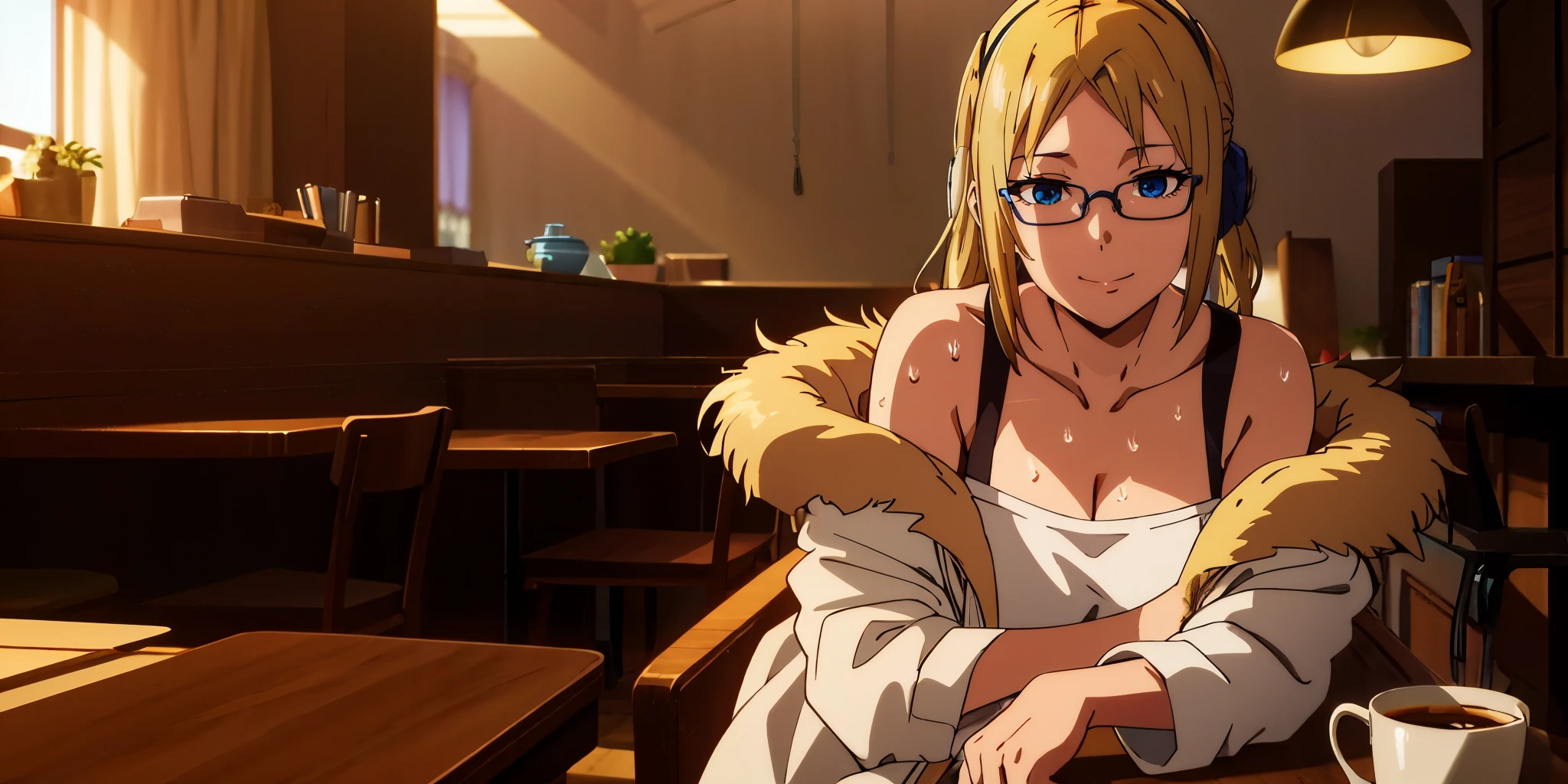 anatomically correct, best quality, masterpiece, high quality, high details, highres, HD, (shaded face:1.2), hollow eyes, blue eyes, looking at viewer, smirk, upper teeth, tsunade, blonde hair, blue eyes, side ponytail, scrunchie, huge breasts, sagging breasts, sweating, "Photorealistic, Hyperrealistic, Hyperdetailed, analog style, soft lighting, subsurface scattering, realistic, heavy shadow, masterpiece, best quality, ultra realistic, 8k, golden ratio, Intricate, High Detail, film photography, soft focus, fantasy art, headphones, fur_trim, fur-trimmed_jacket, glasses, long_hair, 1girl, green_jacket, jacket, behind-the-head_headphones, solo, orange_hair, breasts, cup, looking_at_viewer, bare_shoulders, cleavage, sitting, indoors, bangs, smile