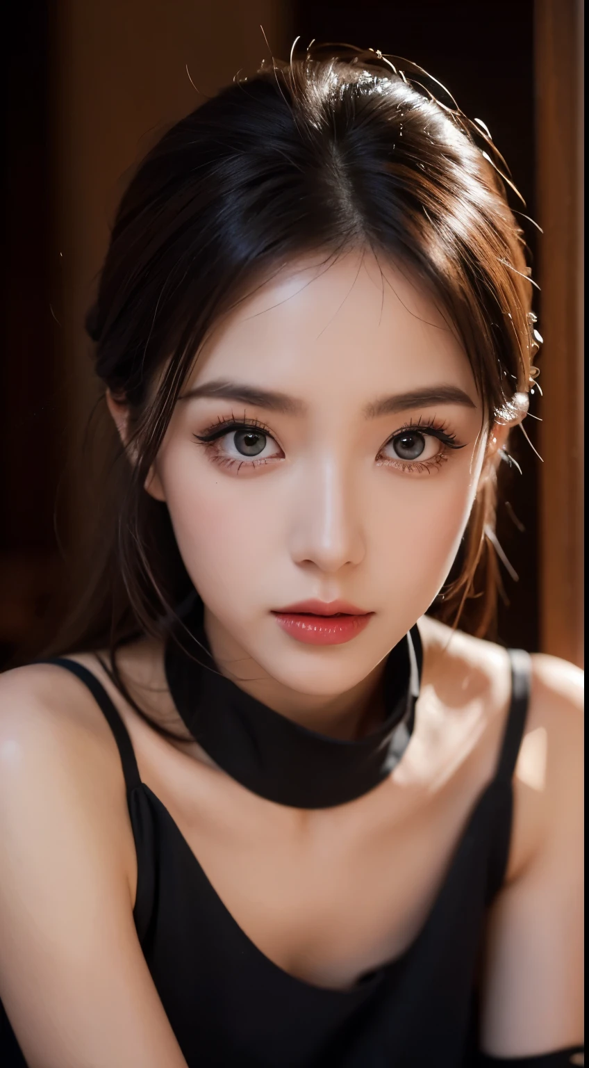 Master piace, full hd, high quality, super detail, cinematic ligth, make-up, close-up, passionate look, night, poor illumination, stockings, eye level, elegant dress with no sleeves.