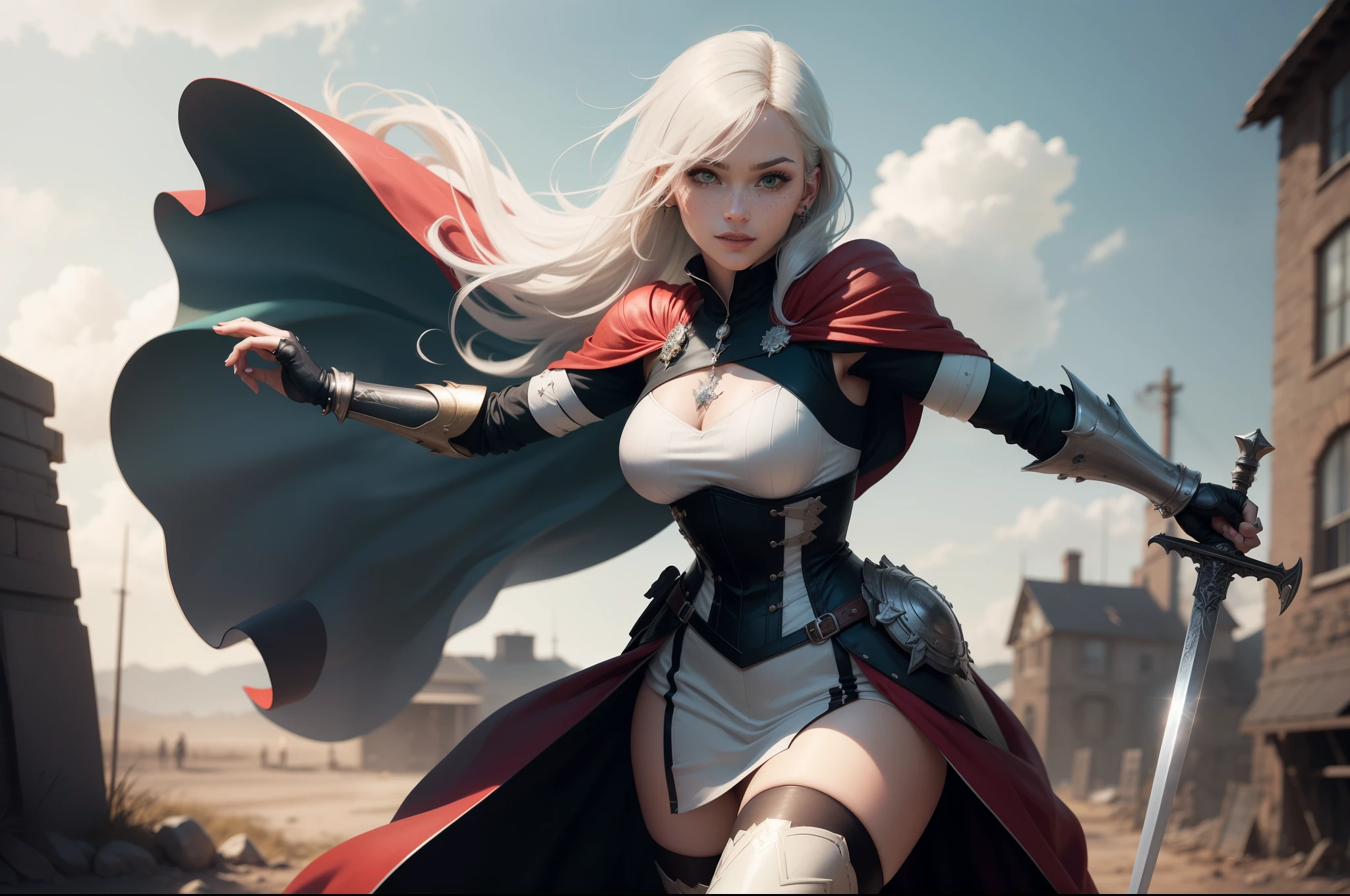 gwen tennyson,1girl,yorha 2b,riven,tracer, overwatch,atelier ryza,close up,battlefield view,tattoos,black and white plugsuit,white short sleeve knight top,black knight full steel armor,white leggings,white knight corset,long hair,princess makeup,green eyes,multicolored silver hair,long dress train,fierce smile,freckles,beautiful girl,knight thigh high boots,large breasts,8k,ultra detailed,realistic,fantasy art,silver knight uniform,queen gown dress,hair pin,ear piercings,snowflake hand and neck jewelry,(weather:windy),long scarlet knight cape,holding a sword on each hand,(pose: sword raised ready to attack stance),