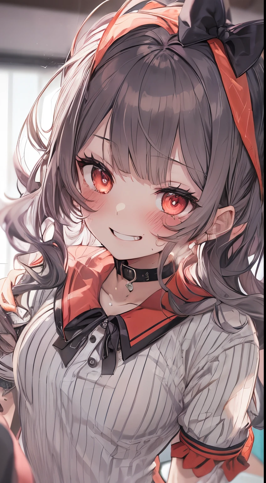 （small tits、1girl in、Put one hand on your face、Heart-shaped pupil,Red and Black theme,(blush:1.1),Choker,《trembling》,Sweat,heart mark,(Smaller chest), ((Heavy breathing:1.3)),  Smile,  Evil smile, Laughing, Cute,full body Esbian、top-quality、masutepiece、1 Masterpiece Girl、Dripping sweat、Cheek makeup、Loose, pink frilly clothing inspired by yandere、I have very large dark circles under my eyes、Lolita Fashion、Colorful long hair、《Messy room》、Smile,, Evil smile, Laughing, Cute,