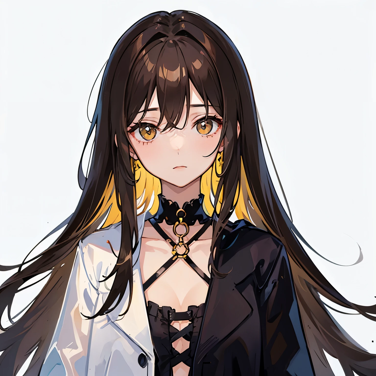 1 persons、girl with、Brown hair long、a choker、Eyes are yellow、White background