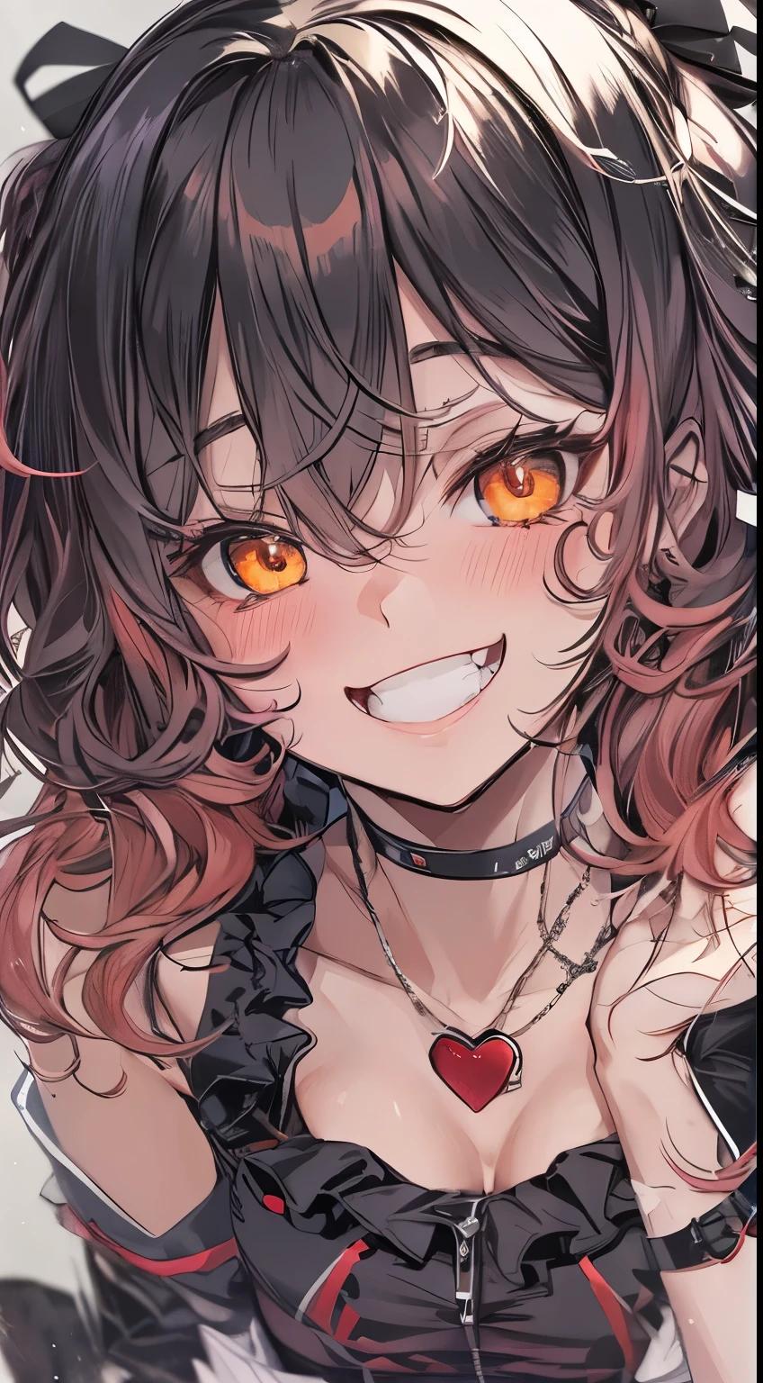 (small tits、1girl in、Put one hand on your face、Heart-shaped pupil,Red and Black theme,(blush:1.1),Choker,《trembling》,heart mark,(Smaller chest), ((Heavy breathing:1.3)), Smile, Evil smile, Laughing, Cute,full body Esbian、top-quality、masutepiece、1 Masterpiece Girl、Cheek makeup、loose, Pink frilly clothes inspired by yandere、I have very large dark circles under my eyes、ta Fashion、Colorful long hair、《Messy room》、Smile,, Evil smile, Laughing, Cute,