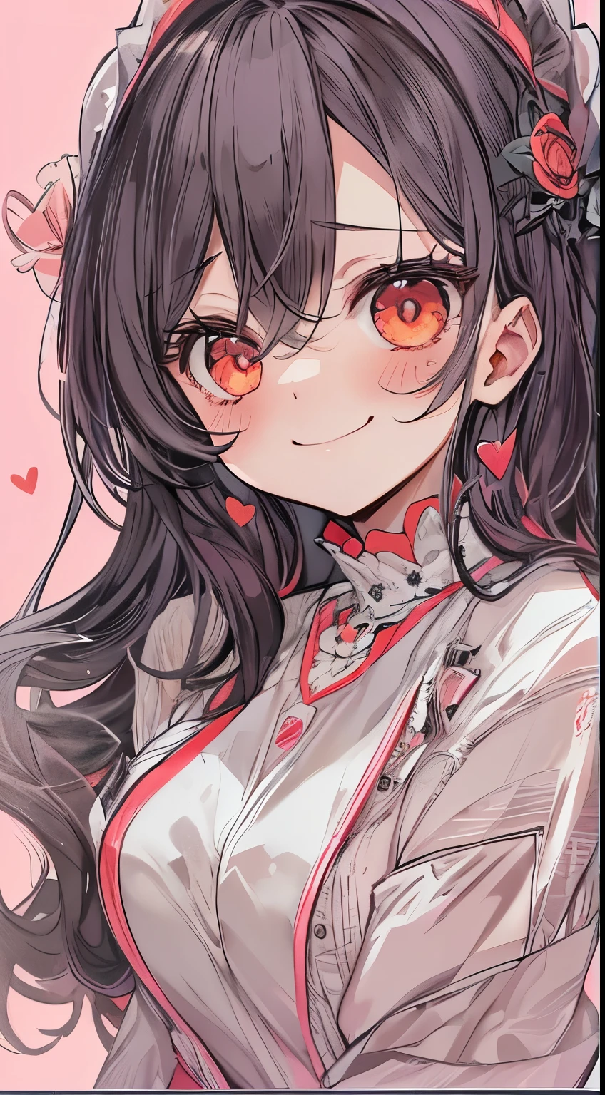 （small tits、1girl in、Put one hand on your face、Heart-shaped pupil,Red and Black theme,(blush:1.1),Choker,《trembling》,heart mark,(Smaller chest), ((Heavy breathing:1.3)),  Smile,  Evil smile, Laughing, Cute,full body Esbian、top-quality、masutepiece、1 Masterpiece Girl、Cheek makeup、loose, Pink frilly clothes inspired by yandere、I have very large dark circles under my eyes、Lolita Fashion、Colorful long hair、《Messy room》、Smile,, Evil smile, Laughing, Cute,