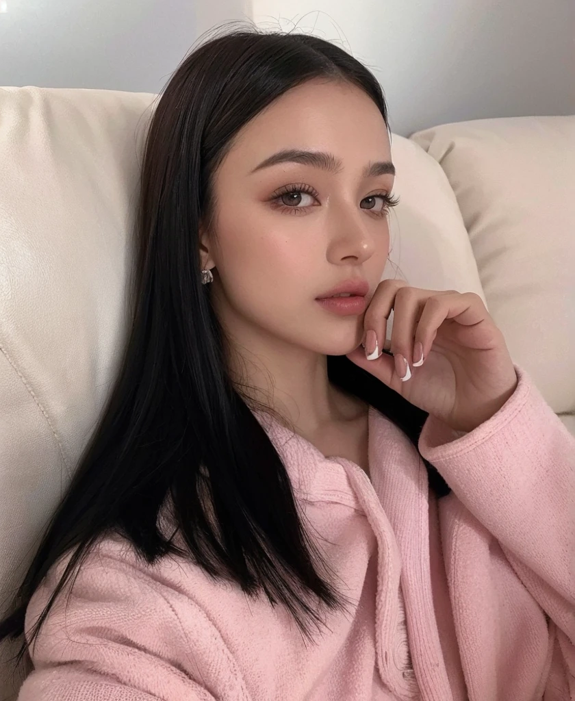 Arafed Woman with long black hair sitting on a sofa, Retrato Sophie Mudd, hermosa poarch, Dasha Taran, Anastasia Ovchinnikova, Olga Buzova, cejas rectas, natural cejas rectas, Violeta Myers, Julia Gorokhova, Cerveza Madison, angelina stroganova, Peinado liso, Arte mixto, chica atractiva