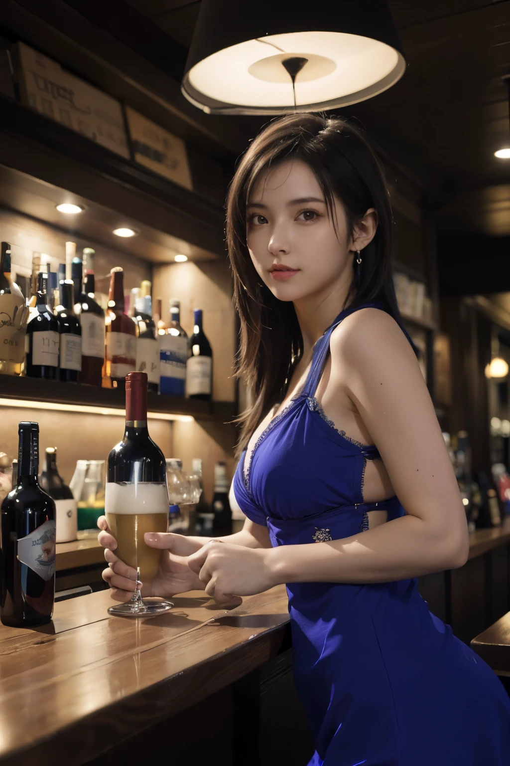 Best Quality,masutepiece,8K Wallpaper,absurderes, hight resolution, ultra-detailliert, (1 young Beautiful girl, Solo:1.1),Tifa Lockhart \(\),Lying in the bar,on  back,Blue,Dress,nightclubs,Bar counter (pub) ,Wine Cup, neon trim,