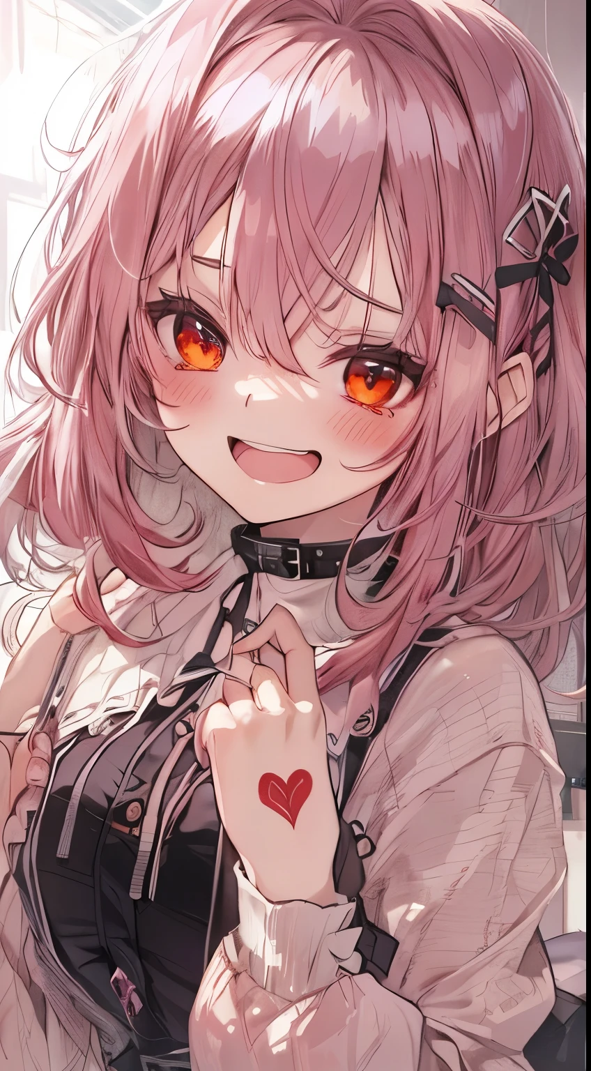 （small tits、1girl in、Put one hand on your face、Heart-shaped pupil,Red and Black theme,(blush:1.1),Choker,《trembling》,heart mark,(Smaller chest), ((Heavy breathing:1.3)),  Smile,  Evil smile, Laughing, Cute,full body Esbian、top-quality、masutepiece、1 Masterpiece Girl、Cheek makeup、loose, Pink frilly clothes inspired by yandere、I have very large dark circles under my eyes、ta Fashion、Colorful long hair、《Messy room》、Smile,, Evil smile, Laughing, Cute,