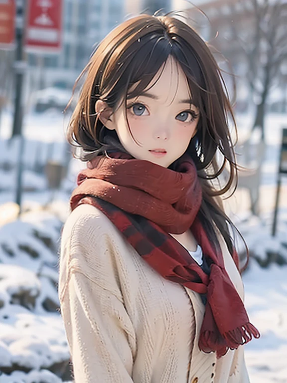 (masutepiece: 1.3), (max resolution: 1.2), (Ultra HDTV: 1.2), cinematric light, 8K resolution, Detailed eyes and skin, detailed facial features, Perfect limbs、Perfect fingers、Anatomically accurate body, Fingers in natural shape, Realistic texture, (Sharp Focus: 1.2), (Focus on the whole body:1.2), Perfect Style, (Beautiful face, kawaii eyes, Clear eyes、realisticeyes), acurate, Anatomically correct, ノ Highly detailed facial and skin texture, Detailed eyes, Double eyelids, Thin eyebrows, Glitter Eyeliner: 1 Natural cheeks, Glossy skin, Fair skin: 1.2, (Glossy lips: 1.4), (Shy look: 1.2),Highly detailed facial and skin texture, Detailed eyes, Double eyelids, Natural cheeks, ,shiny lips: 1.4, (#Slim waist), cleavage of the breast, Full body like, (red blush, embarrassed from:1.1), (shiny lips: 1.1), (Firm chest, large udder:1.1), red blush、embarrassed from, Public display of sexual activity, Dressing, Neat and clean woman, 20yr old, 1 persons, bangs flowing diagonally, Brown hair, snowfall, Snow sifting, long court, highneck sweater, Sweater looking warm, long  skirt, big red long scarf, Warm-looking muffler,