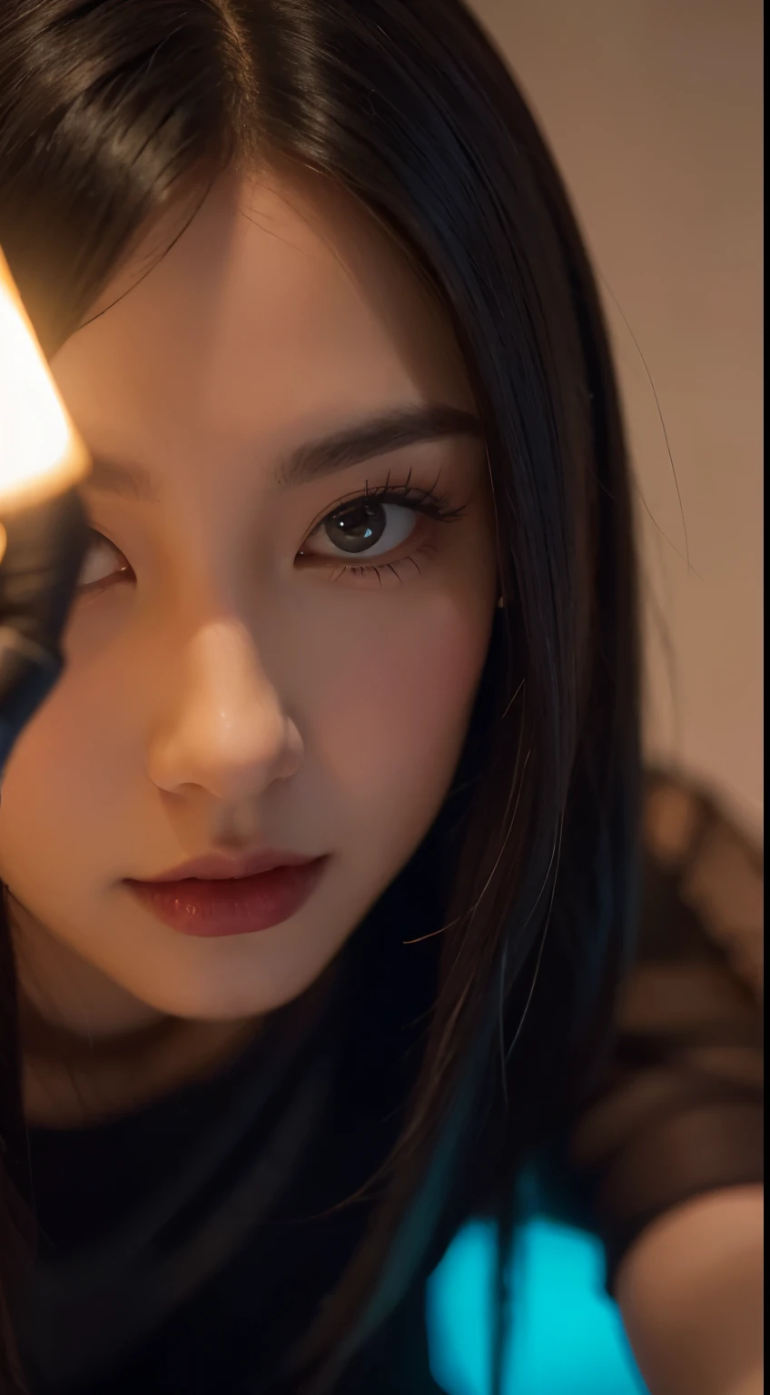 Master piace, full hd, high quality, super detail, cinematic ligth, make-up, close-up, passionate look, night, poor illumination, stockings, eye level, elegant dress with no sleeves.