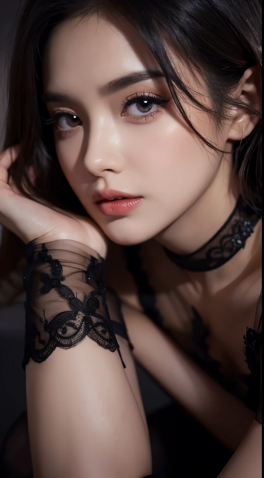 Master piace, full hd, high quality, super detail, cinematic ligth, make-up, close-up, passionate look, night, poor illumination, stockings, eye level, elegant dress with no sleeves.
