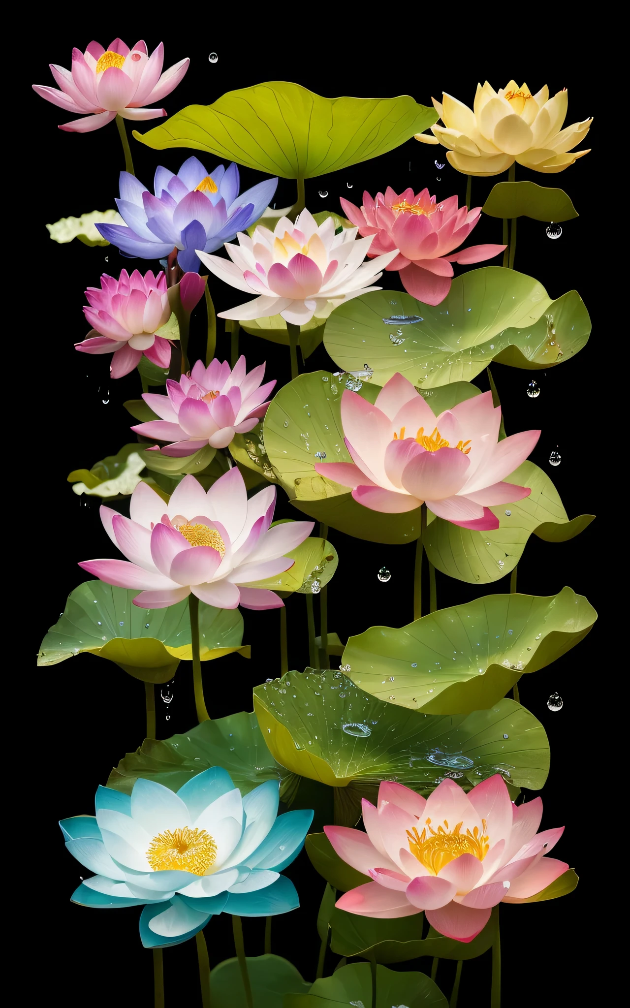 8K resolution, gothic debate art, (Colorful lotus flowers+Transparent flowers),(Ground of water droplets like sparkling petals,Soft cinematic light, Light Lab, nffsw, Expressing detailed and delicate flowers and water droplets. Petals and water droplets shine、reveal your dreams, intricate style.