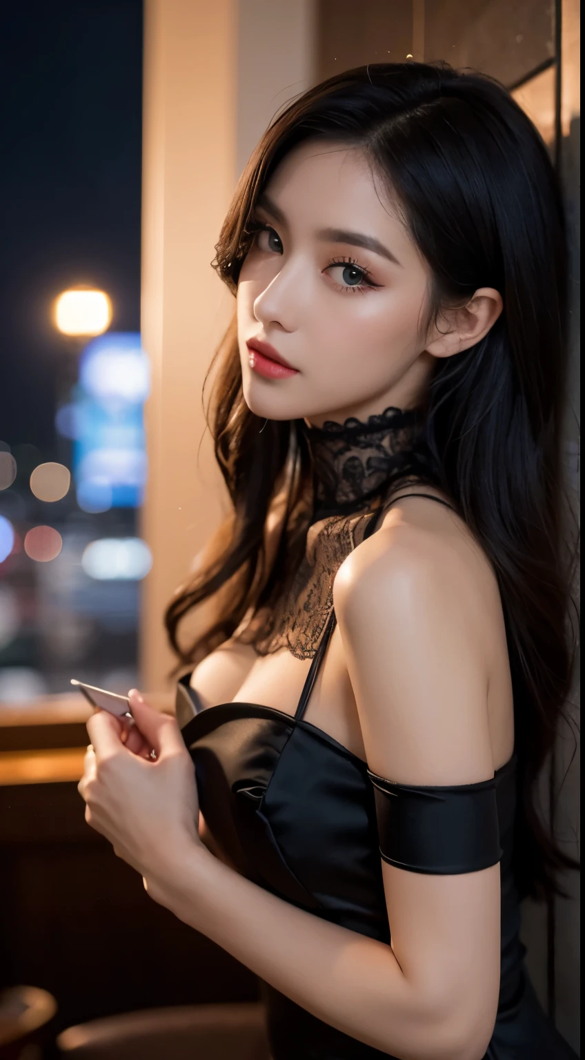 Master piace, full hd, high quality, super detail, cinematic ligth, make-up, close-up, passionate look, night, poor illumination, stockings, eye level, elegant dress with no sleeves.