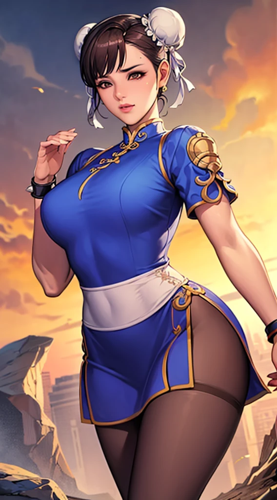 Masterpiece, (high quality), (intricate, 8k, 4k), 1 girl, Chun li, short Brown hair, double bun, mascara, chinese dress, Brown pantyhose, Spike bracelet, curvy,