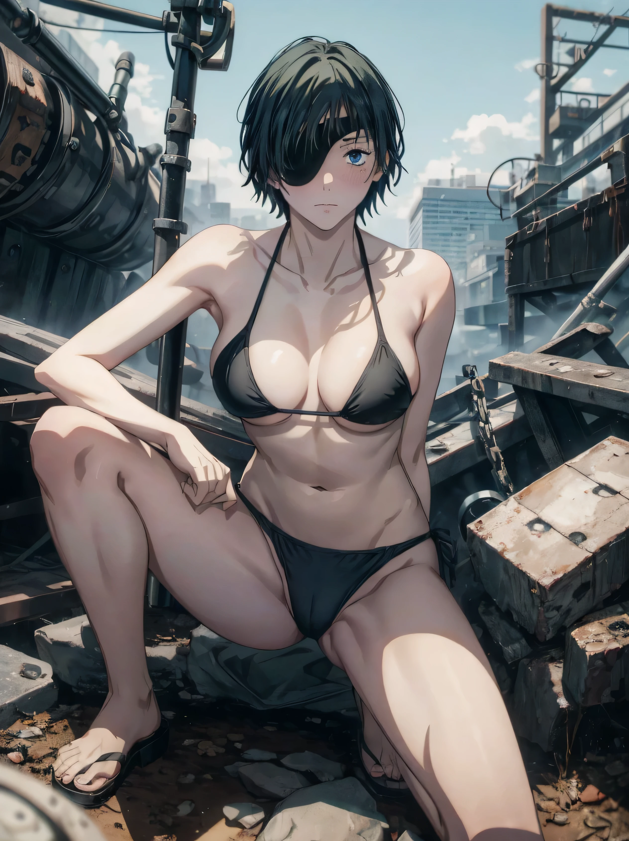 black eye patch, right eye covering, short hair, blue eyes, short black,black eye patch, 1girl, himeno (chainsaw man), masterpiece, best quality, high resolution, , eye patch, chest, cowboy shot, outdoor, bikini, spread legs, squatting,background sea,HMN1,sea,micro bikini,from behind,back shot