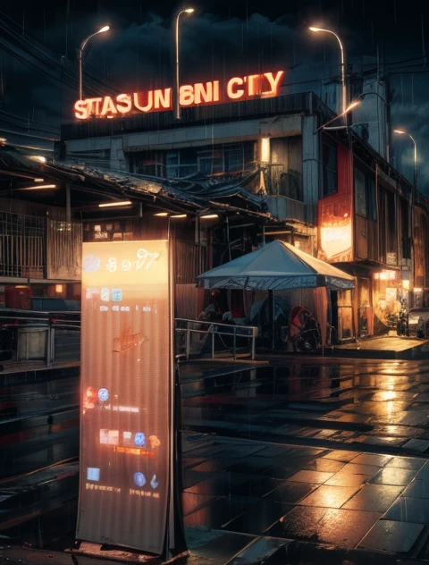 painting of a rainy time stasiun BNI city, Jakarta, Indonesia, alleyway , beautiful scenery, rainfall,wet pavement ((glistening look)),hd, High quality, water reflection,4k hd, cloud,beautiful art uhd 4 k, a beautiful artwork, beautiful digital artwork, very detailed, masterpiece, high quality, realistic, finely detailed,  (Neon clothes:1), background, hlurry, starry sky, colourful background, bokeh, (neon light:1),
