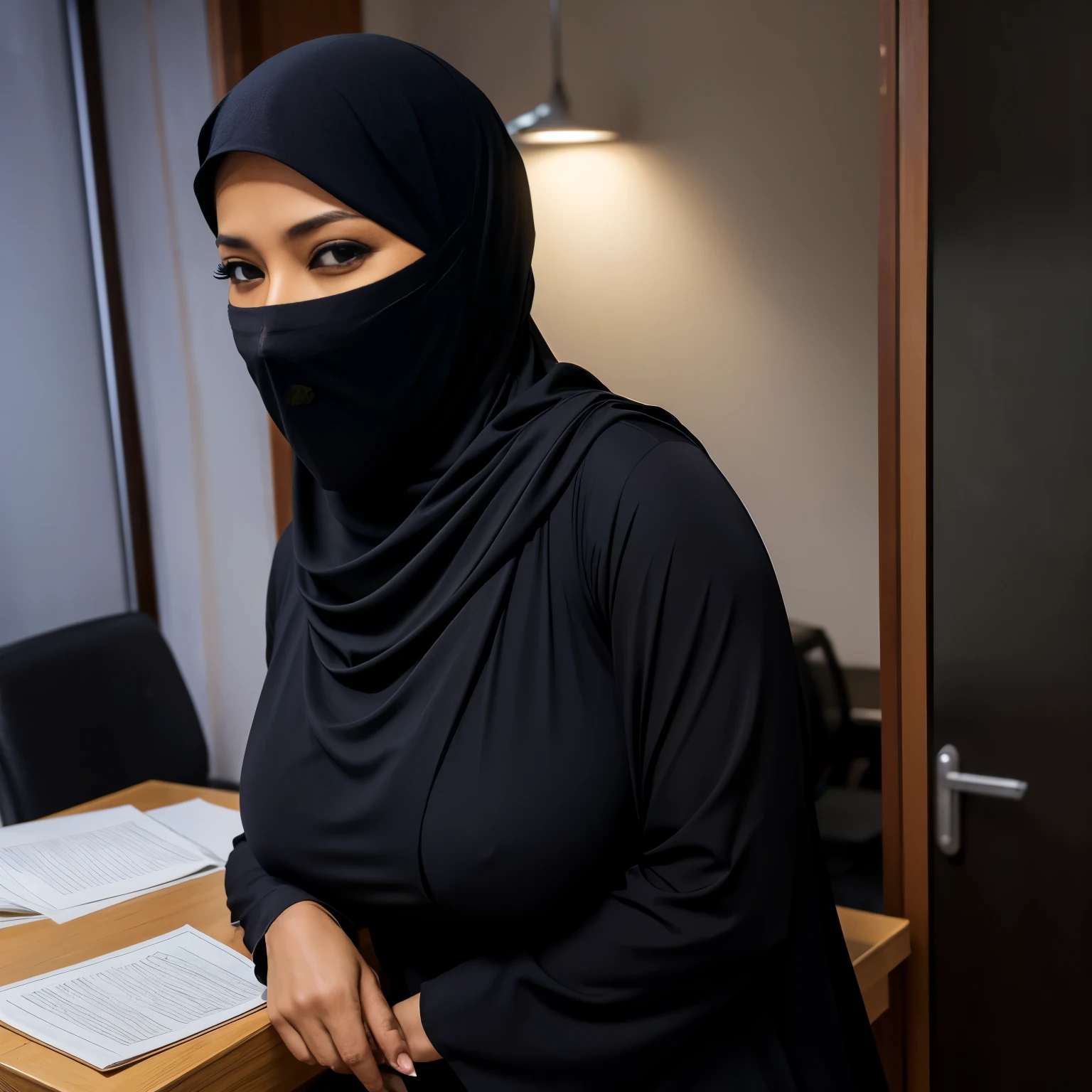 52 years Old, Hijab Indonesian mature woman, Large Tits : 96.9, Niqab, Tight Burqa, , Breast about To burst out, at Office, Dark light, at Nighttime
