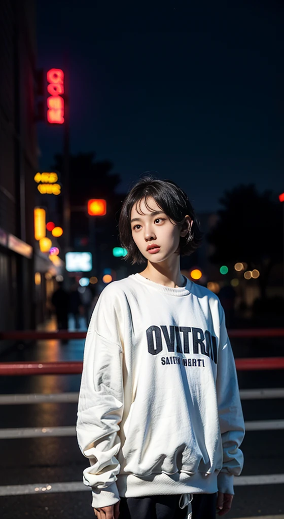 23 years old male,very short black curly hair, almond eyes, white sweatshirt, oversize_shirt, sweatpants, in front of fence, night city, cyberpunk vibes, close up, (photorealistic:1.2), (ultra realistic:1.3), (very detailed:1.1), ((masterpiece)),